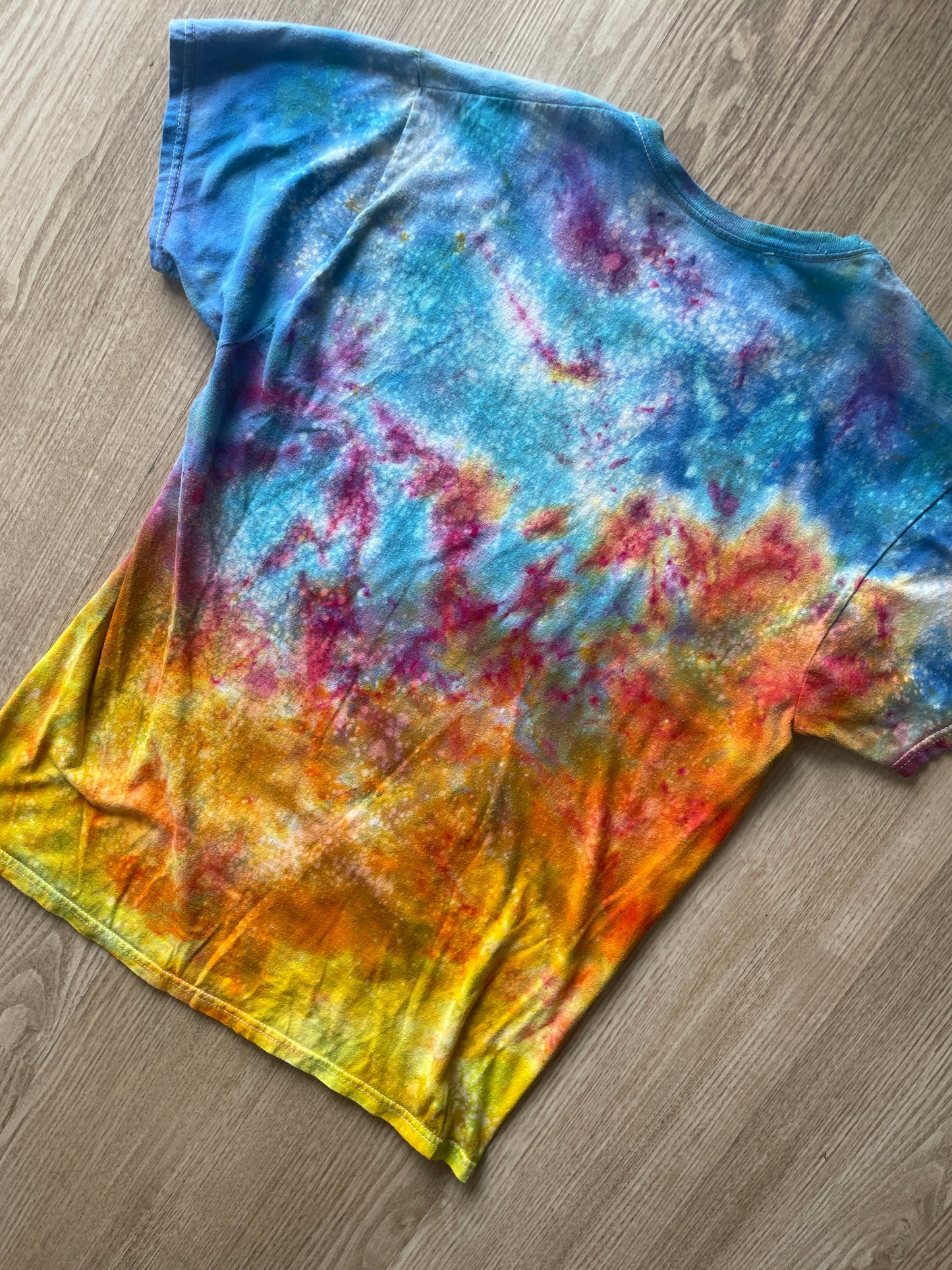 MEDIUM Men’s Prickly Pear Cactus Sunset Galaxy Tie Dye T-Shirt | One-Of-a-Kind Blue, Pink, and Yellow Crumpled Short Sleeve