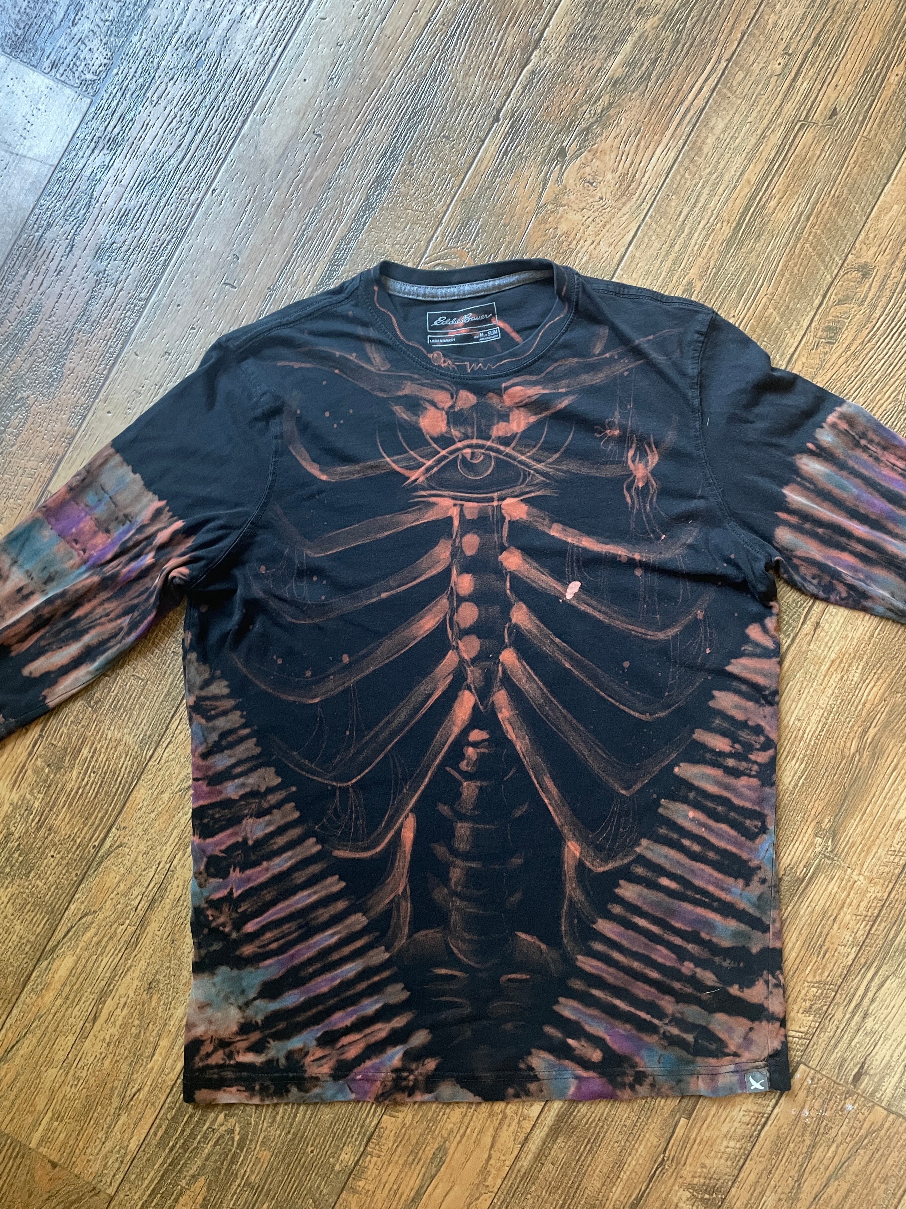 Skeleton Hand-Painted, Hand-Tie Dyed Long Sleeve T-Shirt (Men's Medium)