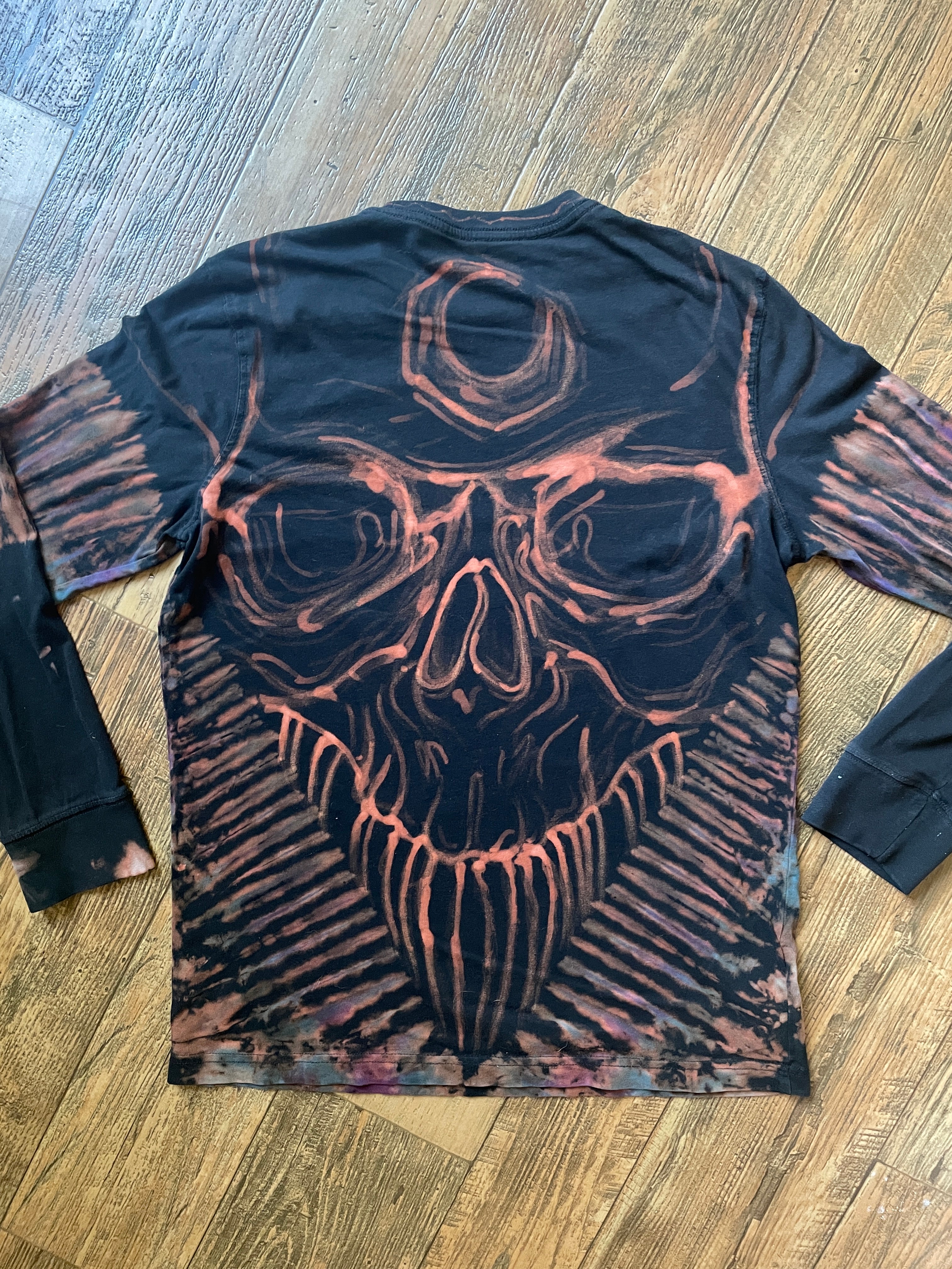 Skeleton Hand-Painted, Hand-Tie Dyed Long Sleeve T-Shirt (Men's Medium)