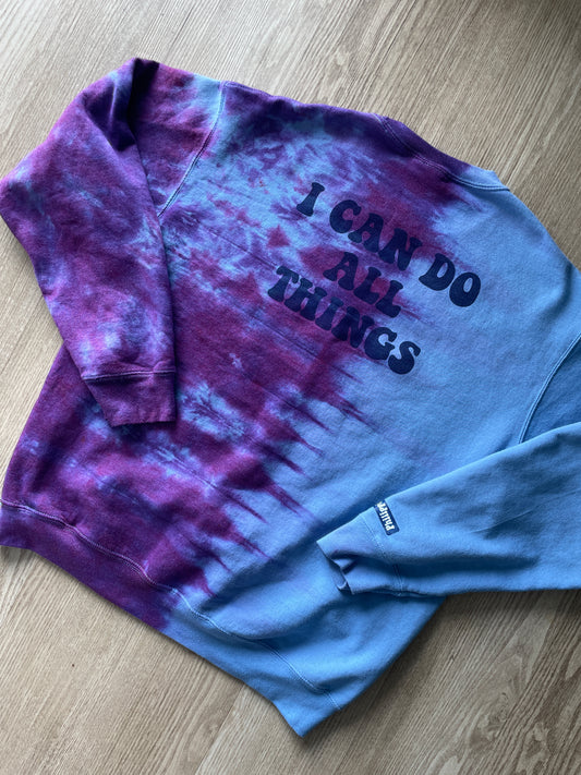 Large Men's I Can Do All Things Tie Dye Crewneck Sweatshirt | One-Of-a-Kind Upcycled Blue and Purple Half-and-Half Sweatshirt