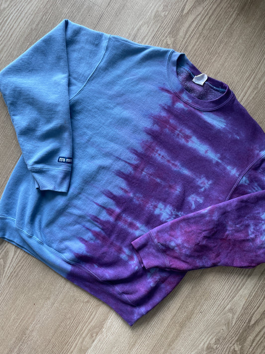 Large Men's I Can Do All Things Tie Dye Crewneck Sweatshirt | One-Of-a-Kind Upcycled Blue and Purple Half-and-Half Sweatshirt