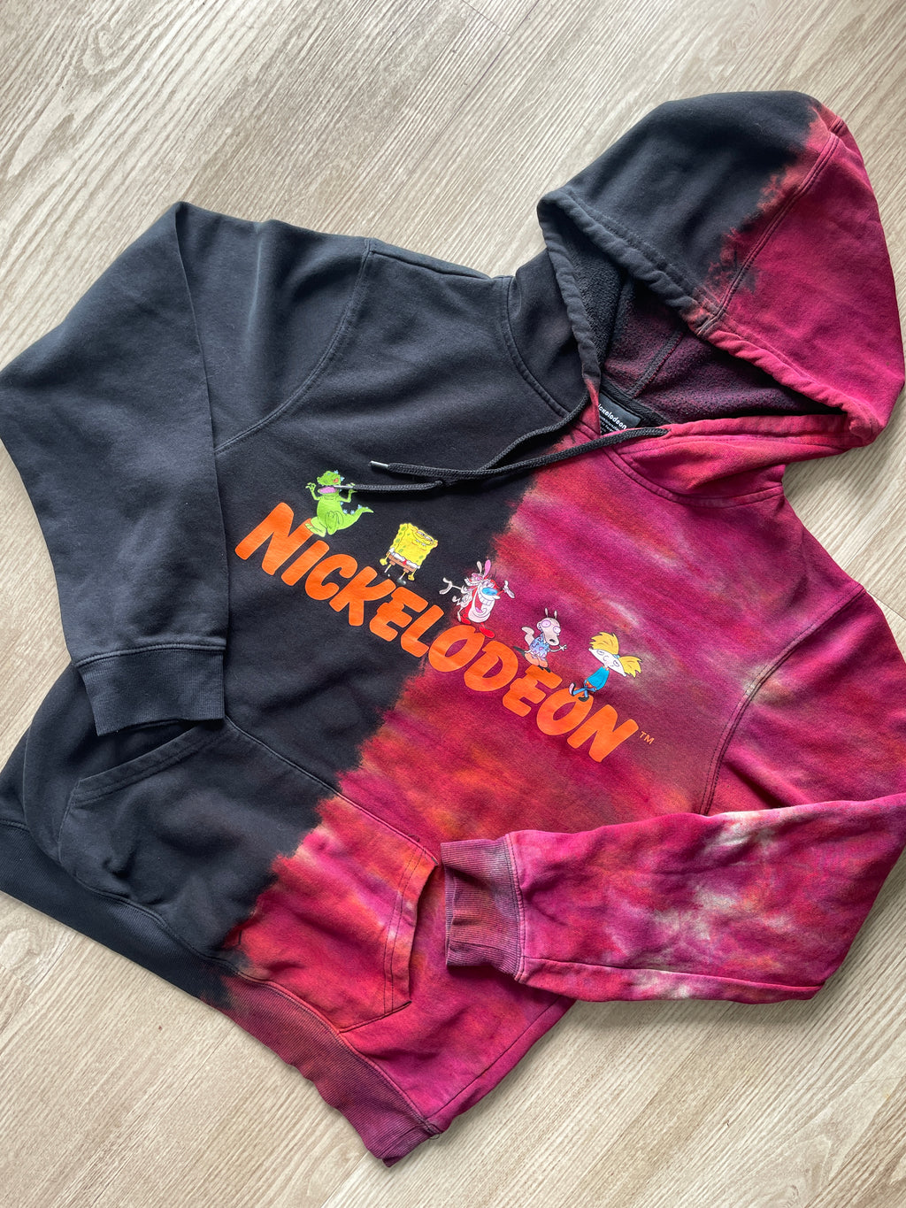 Medium Men's NICKELODEON Reverse Tie Dye Hoodie | One-Of-a-Kind Upcycled Black and Red Half-and-Half Sweatshirt