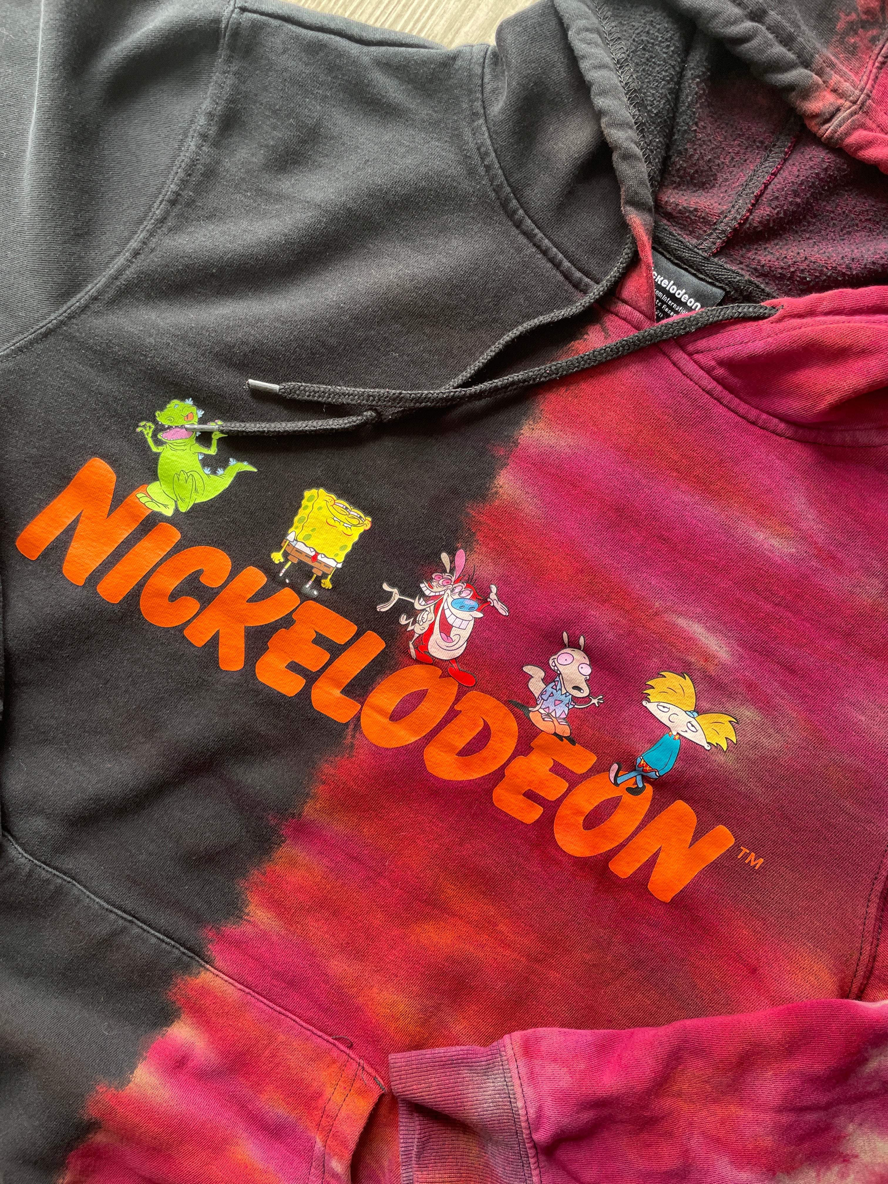 Medium Men's NICKELODEON Reverse Tie Dye Hoodie | One-Of-a-Kind Upcycled Black and Red Half-and-Half Sweatshirt