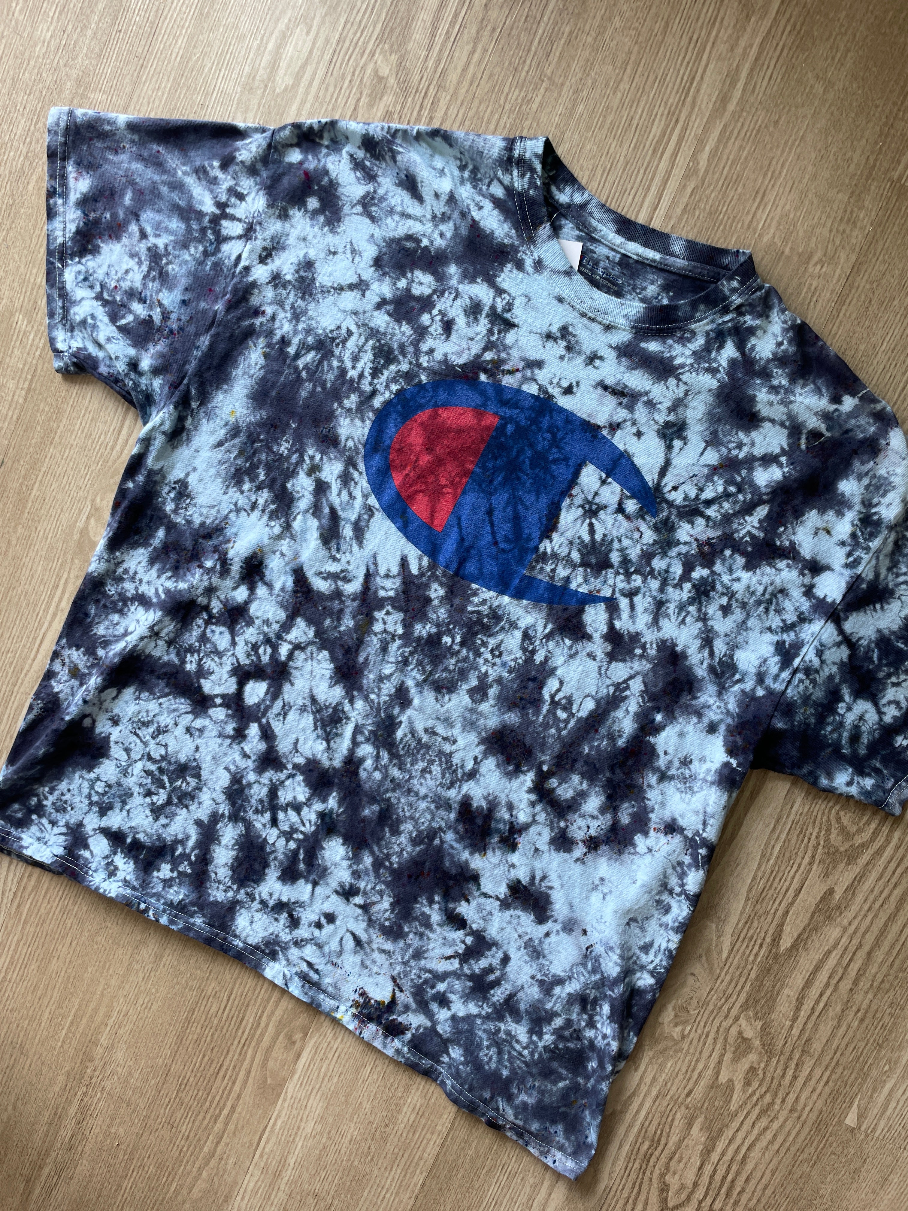 2XL Men’s Champion Logo Monochromatic Handmade Tie Dye T-Shirt | One-Of-a-Kind White and Black Short Sleeve