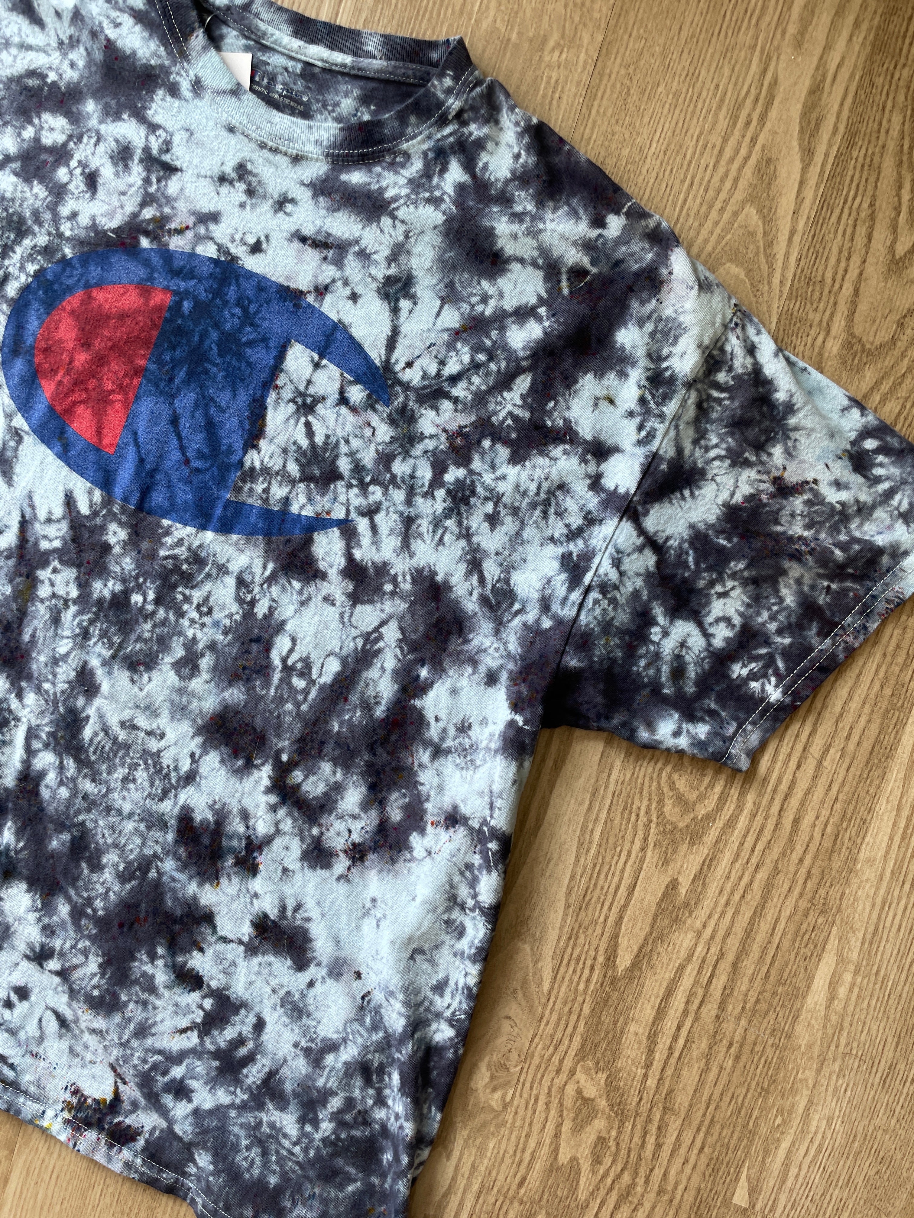 2XL Men’s Champion Logo Monochromatic Handmade Tie Dye T-Shirt | One-Of-a-Kind White and Black Short Sleeve