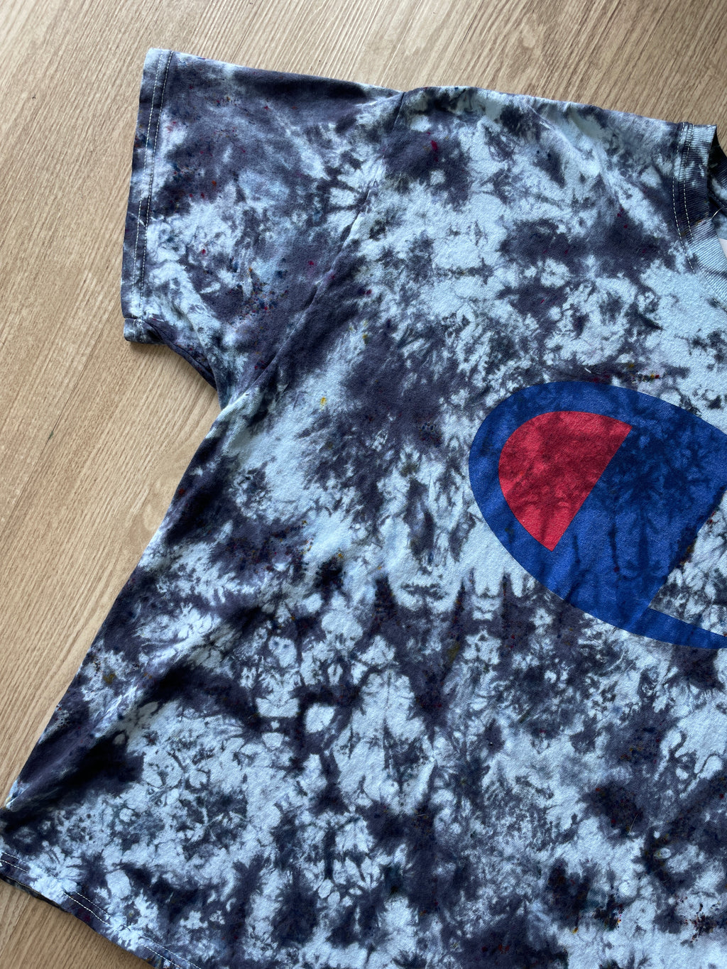 2XL Men’s Champion Logo Monochromatic Handmade Tie Dye T-Shirt | One-Of-a-Kind White and Black Short Sleeve