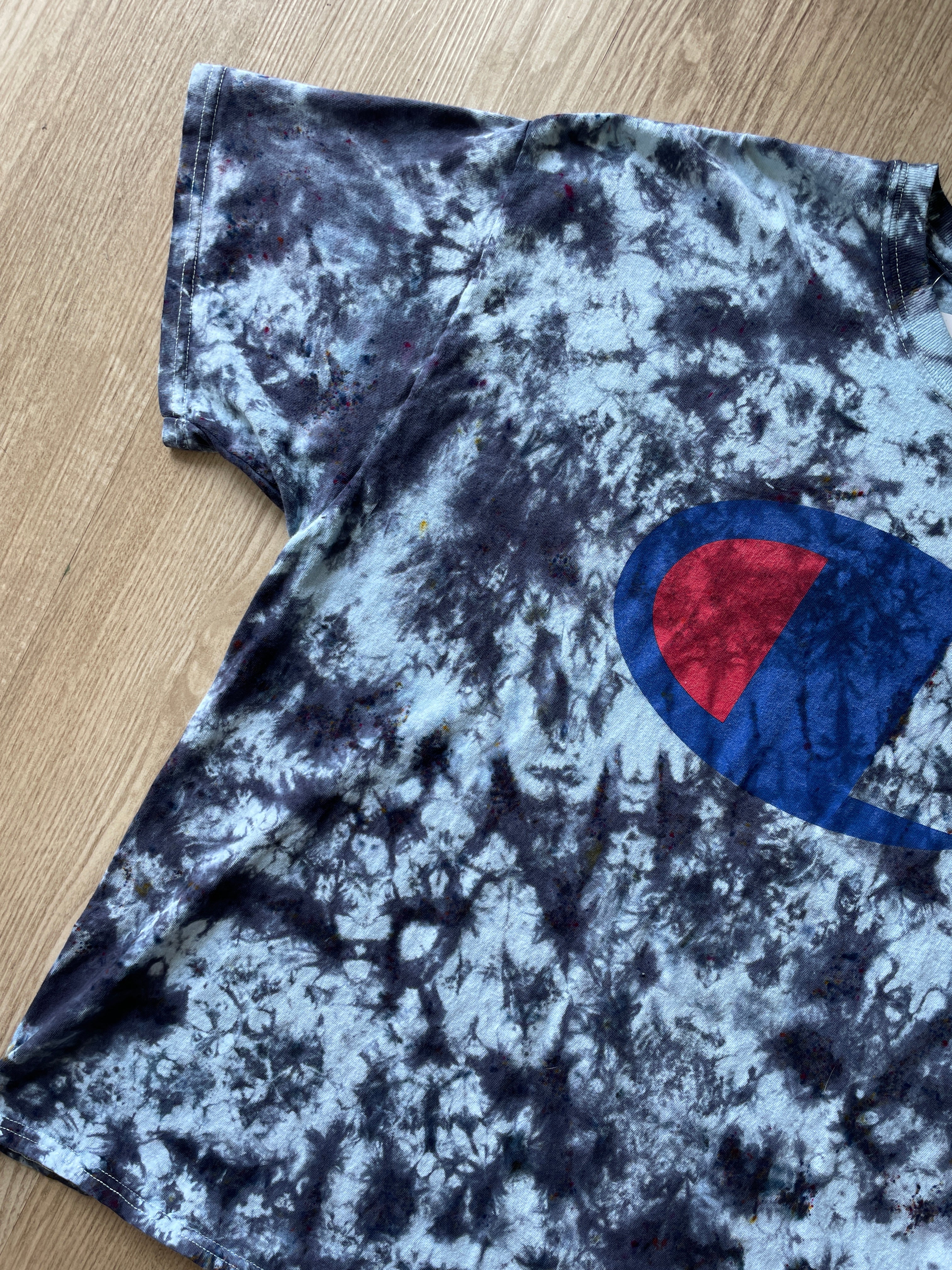 2XL Men’s Champion Logo Monochromatic Handmade Tie Dye T-Shirt | One-Of-a-Kind White and Black Short Sleeve