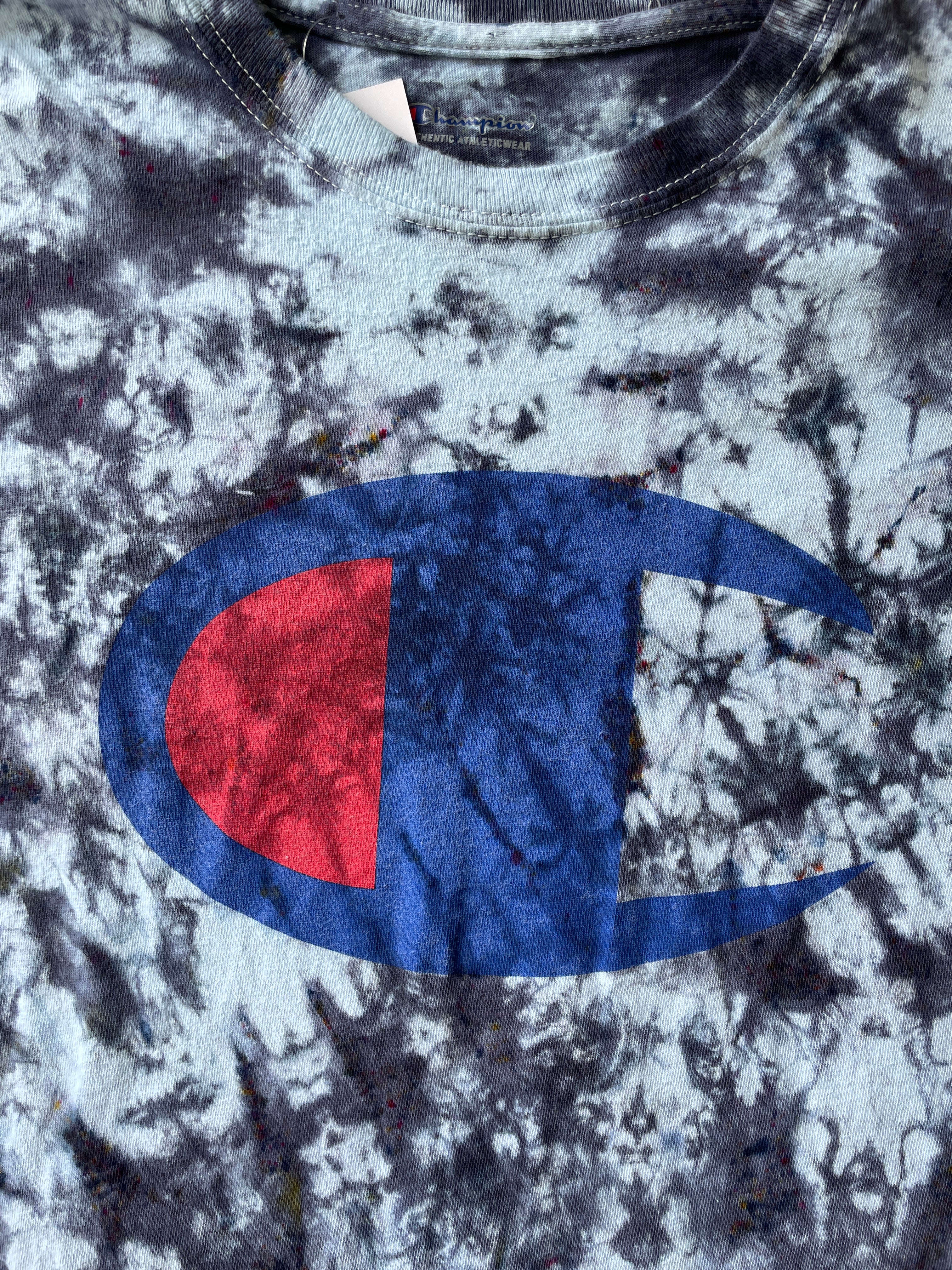 2XL Men’s Champion Logo Monochromatic Handmade Tie Dye T-Shirt | One-Of-a-Kind White and Black Short Sleeve