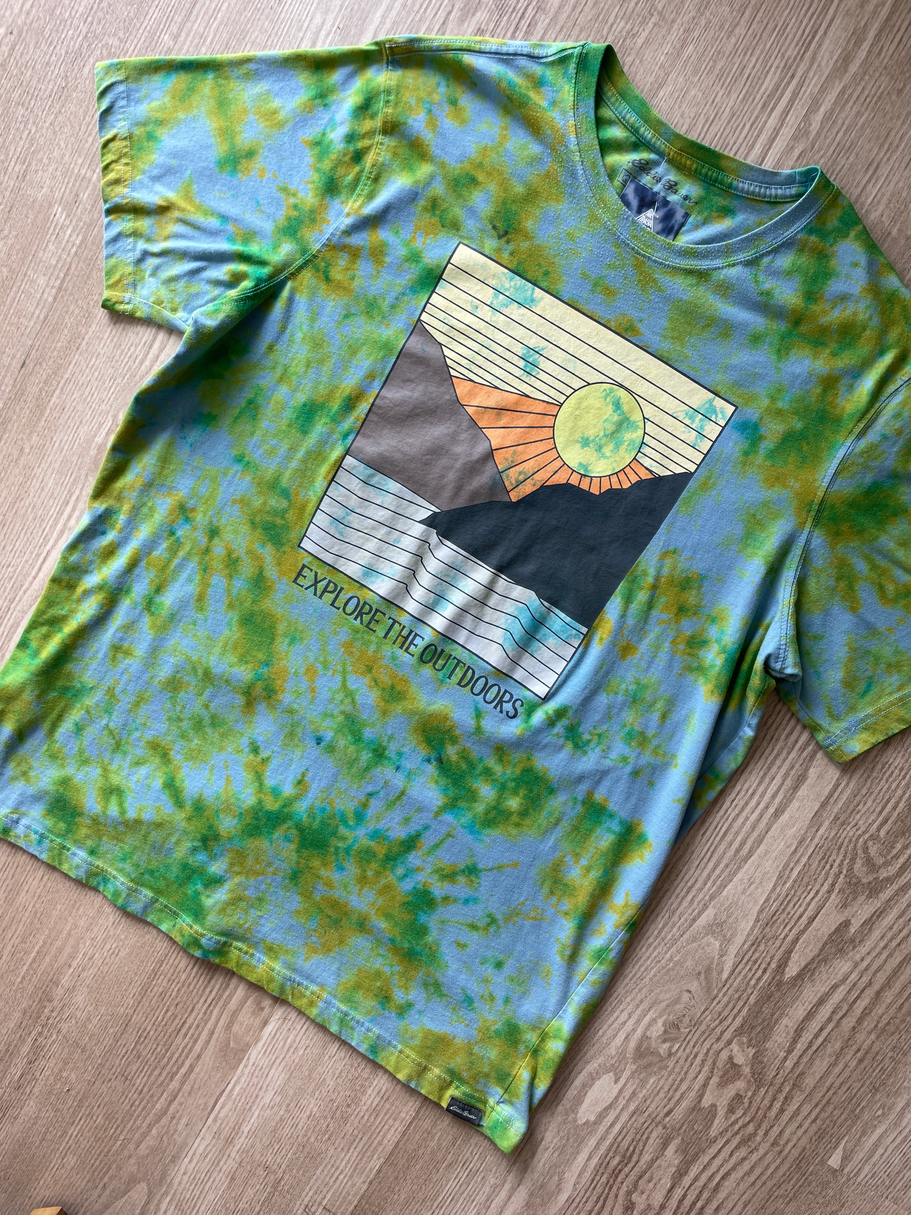 XL (Tall) Men’s Eddie Bauer Explore the Outdoors Handmade Tie Dye T-Shirt | One-Of-a-Kind Green and Blue Short Sleeve