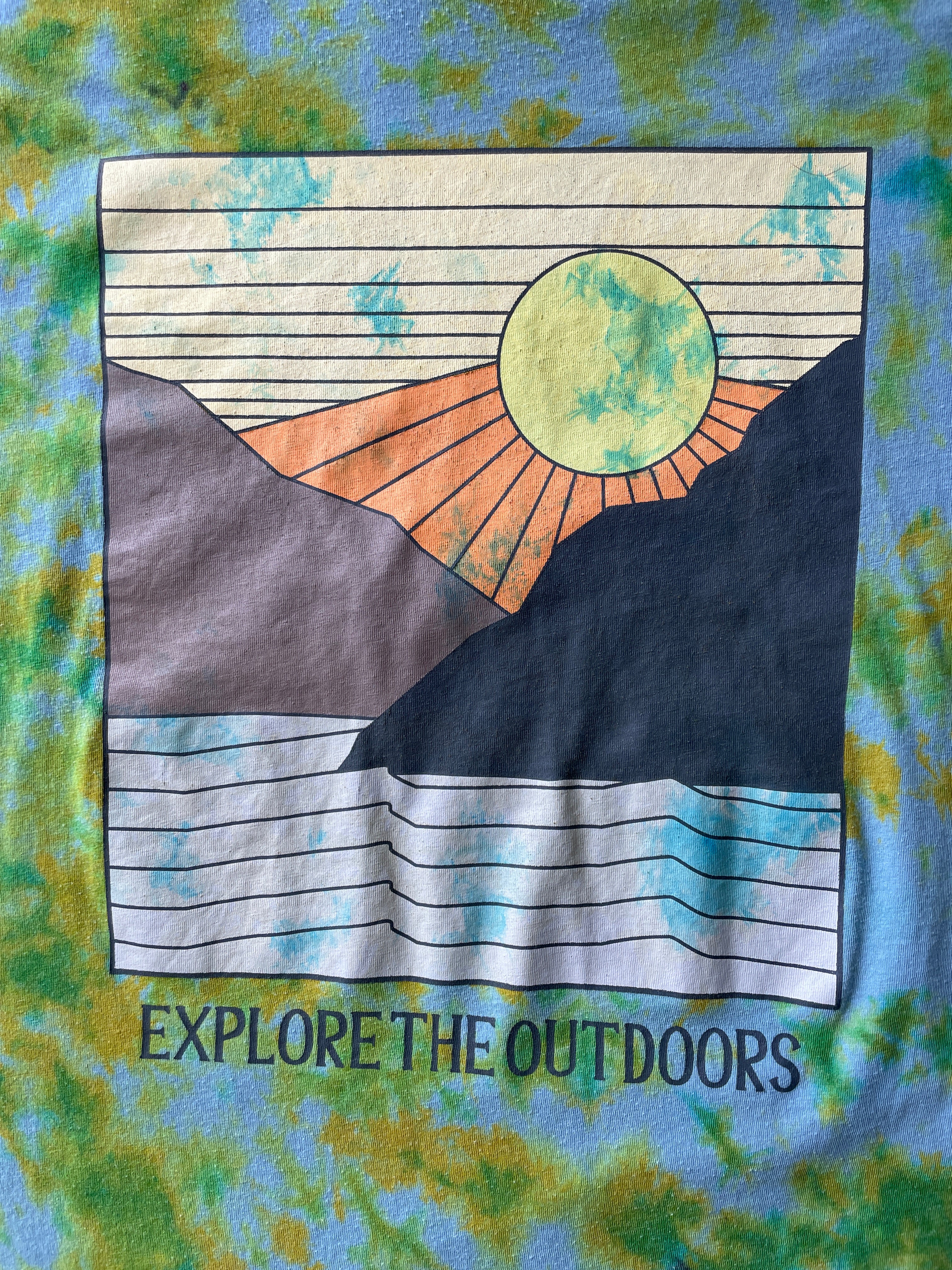 XL (Tall) Men’s Eddie Bauer Explore the Outdoors Handmade Tie Dye T-Shirt | One-Of-a-Kind Green and Blue Short Sleeve