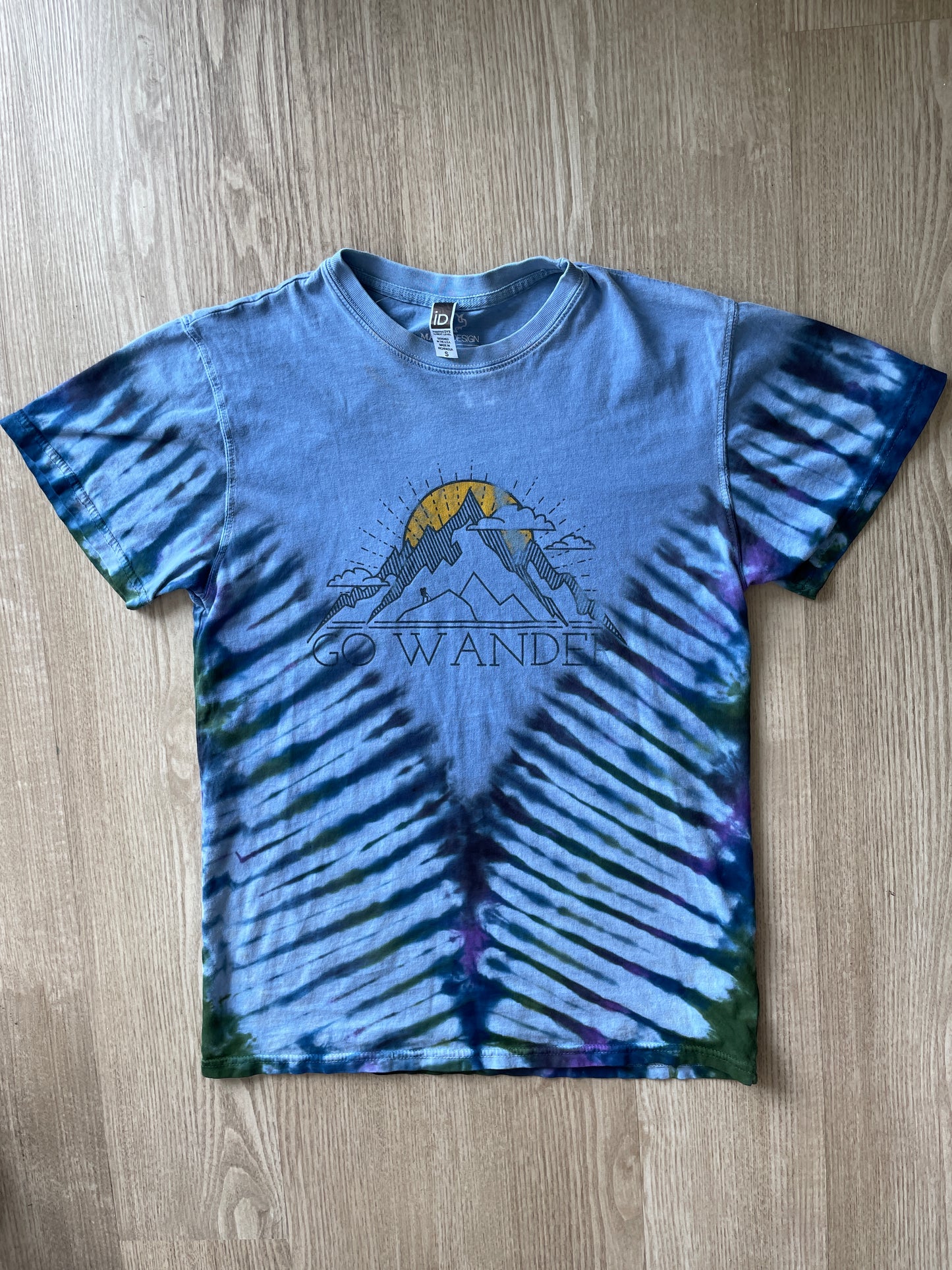 SMALL Men’s Let's Go Wander Mountainscape Handmade Tie Dye T-Shirt | One-Of-a-Kind Blue and Black Short Sleeve