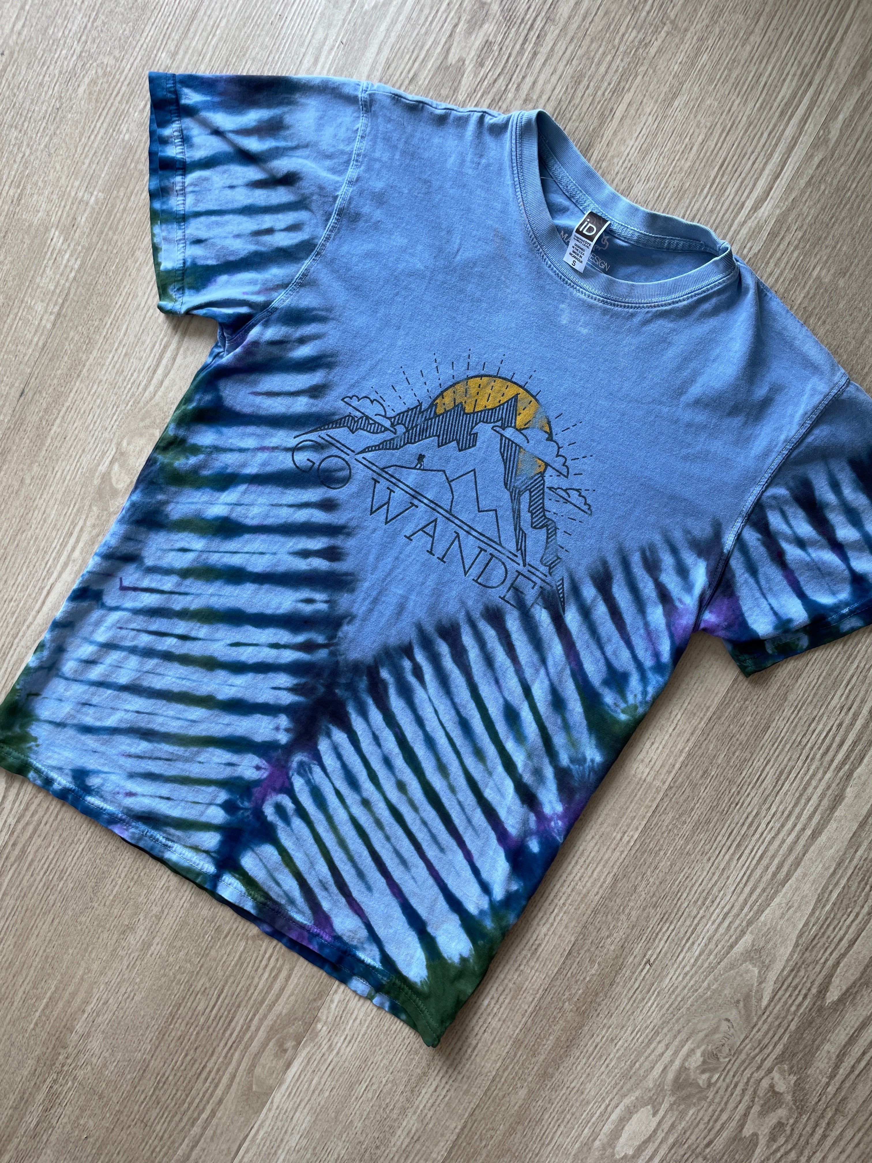 SMALL Men’s Let's Go Wander Mountainscape Handmade Tie Dye T-Shirt | One-Of-a-Kind Blue and Black Short Sleeve
