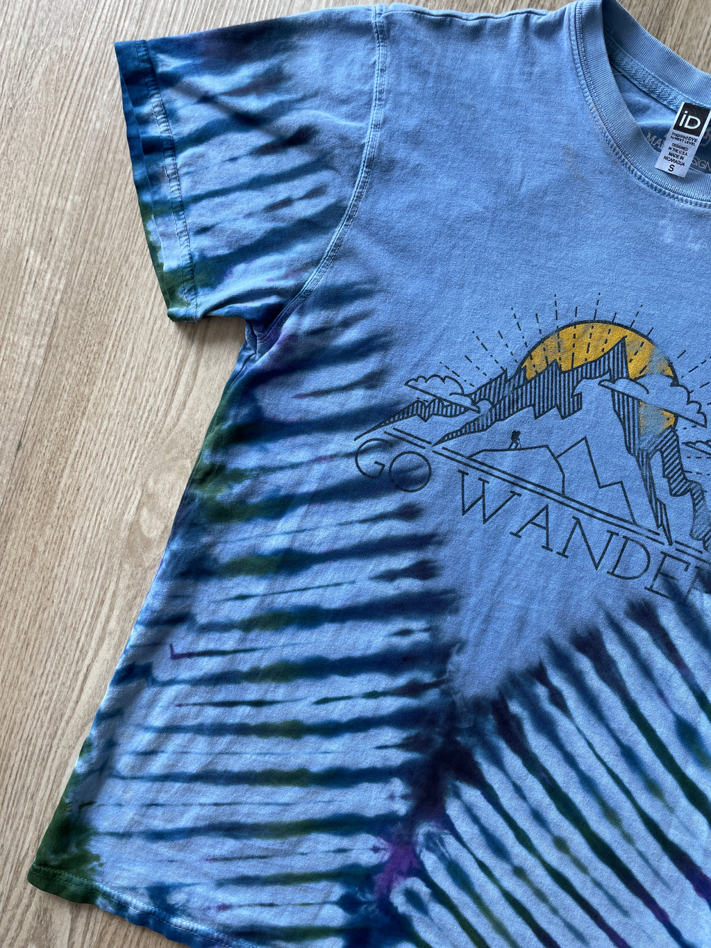 SMALL Men’s Let's Go Wander Mountainscape Handmade Tie Dye T-Shirt | One-Of-a-Kind Blue and Black Short Sleeve