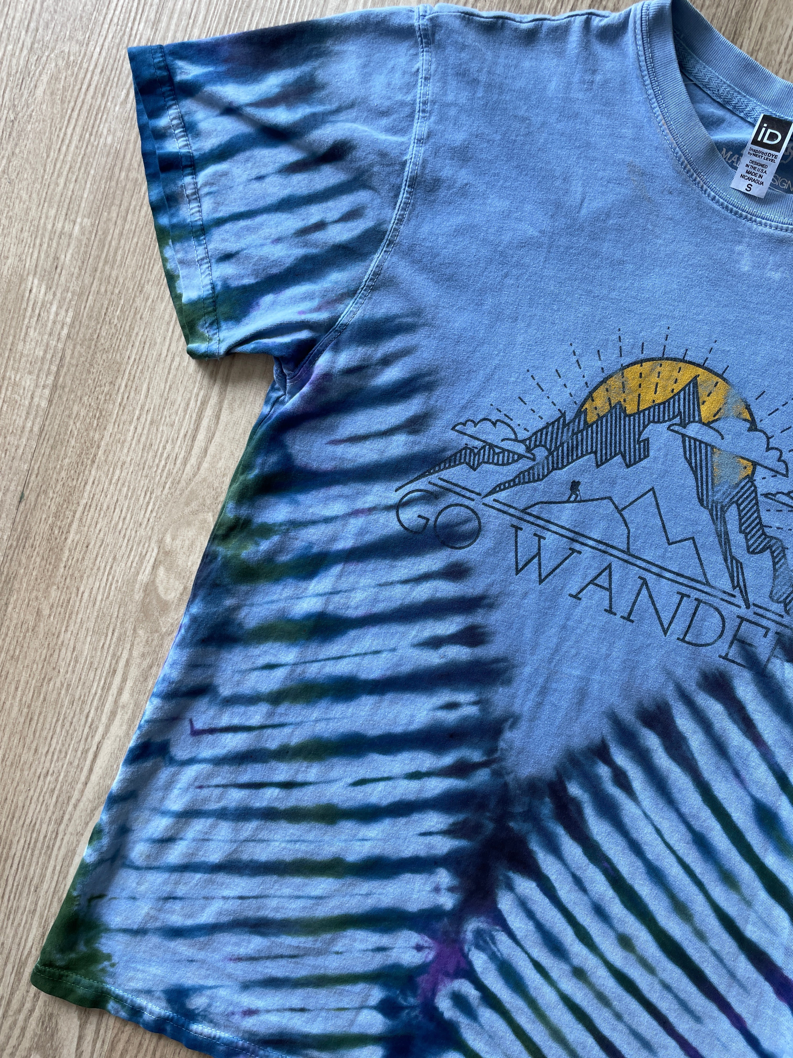 SMALL Men’s Let's Go Wander Mountainscape Handmade Tie Dye T-Shirt | One-Of-a-Kind Blue and Black Short Sleeve