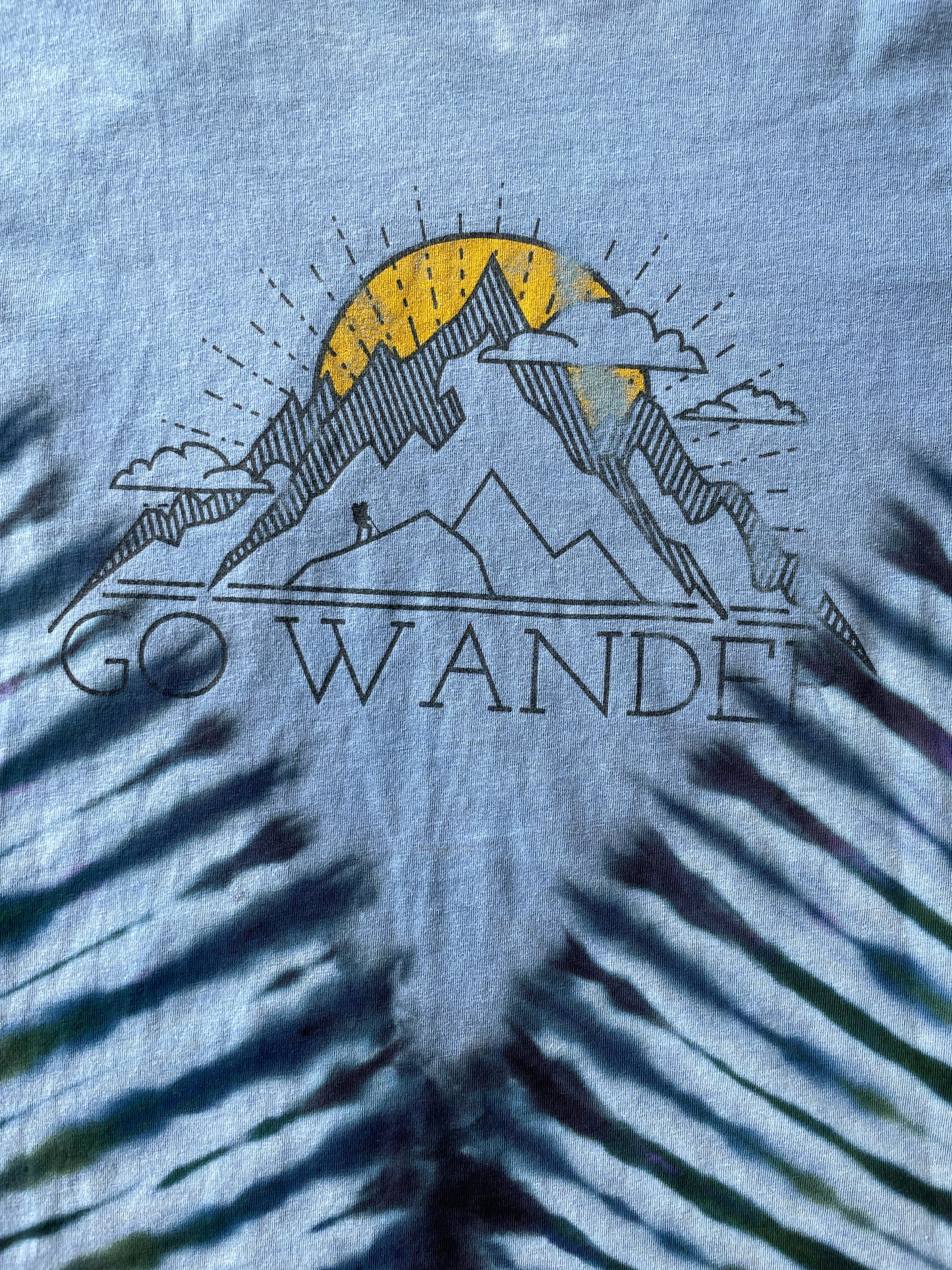 SMALL Men’s Let's Go Wander Mountainscape Handmade Tie Dye T-Shirt | One-Of-a-Kind Blue and Black Short Sleeve