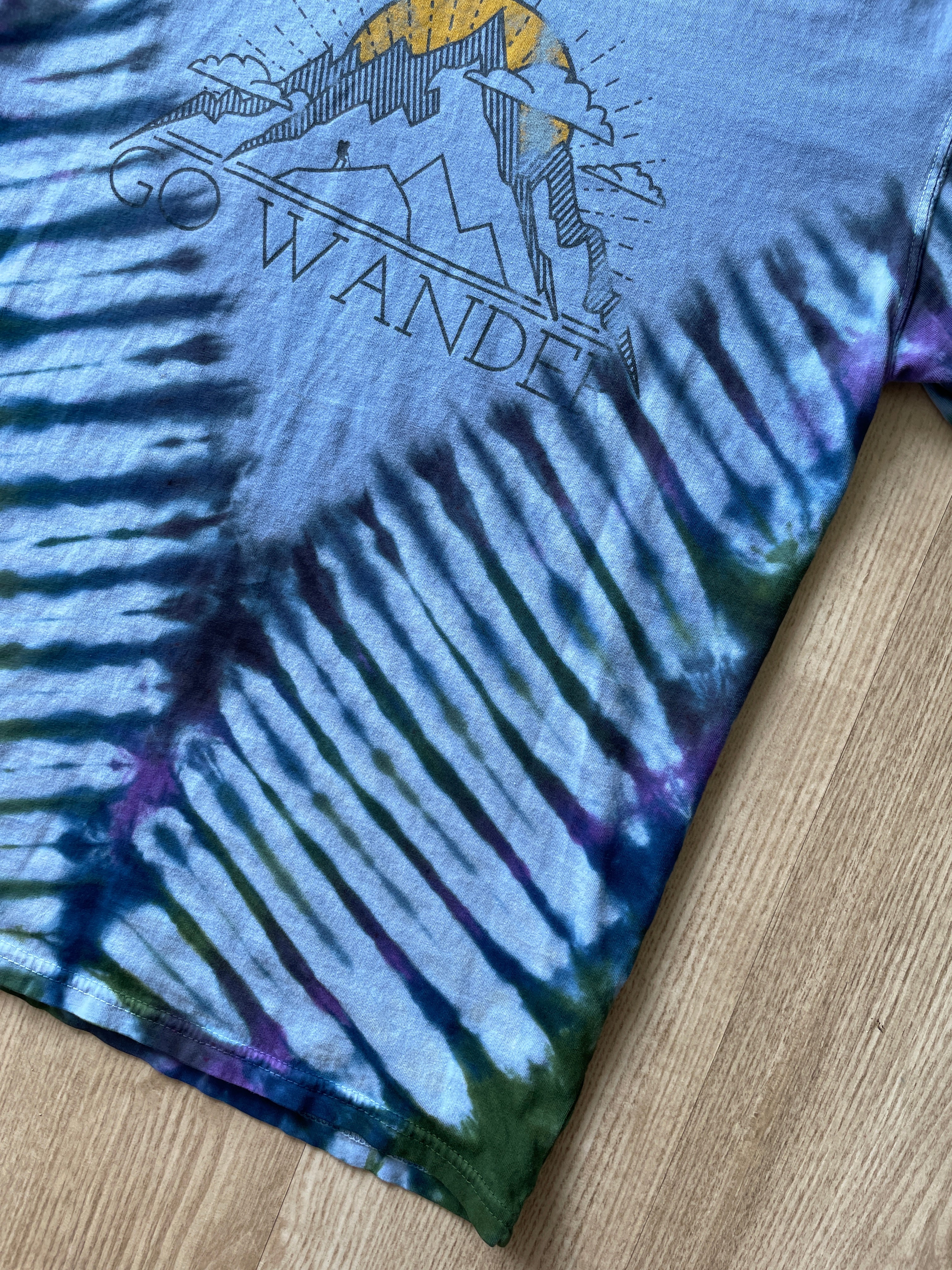 SMALL Men’s Let's Go Wander Mountainscape Handmade Tie Dye T-Shirt | One-Of-a-Kind Blue and Black Short Sleeve