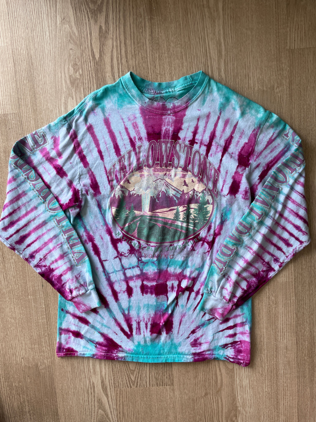 SMALL Men’s Yellowstone National Park Handmade Tie Dye T-Shirt | One-Of-a-Kind Pink and Teal Long Sleeve