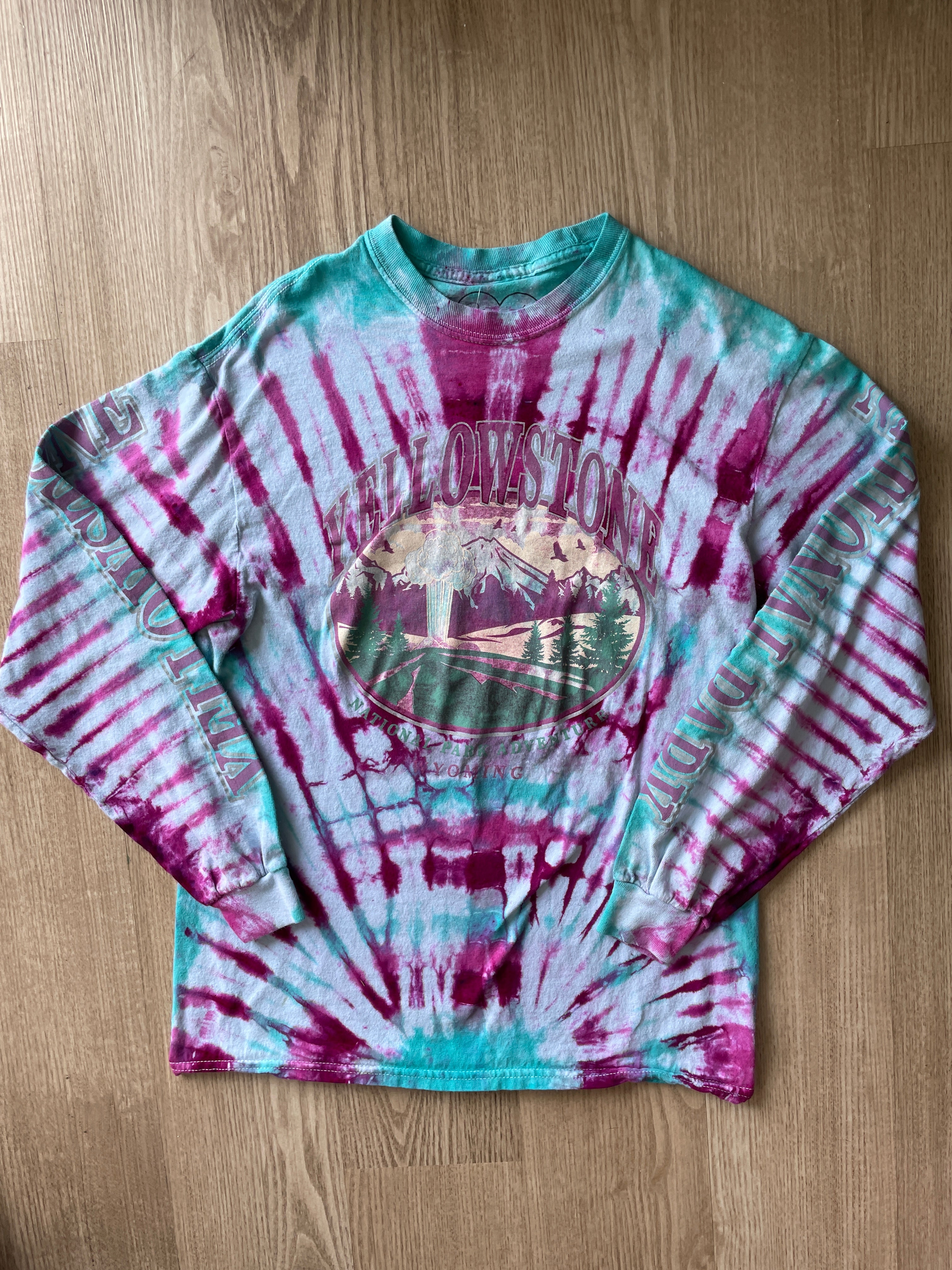 SMALL Men’s Yellowstone National Park Handmade Tie Dye T-Shirt | One-Of-a-Kind Pink and Teal Long Sleeve