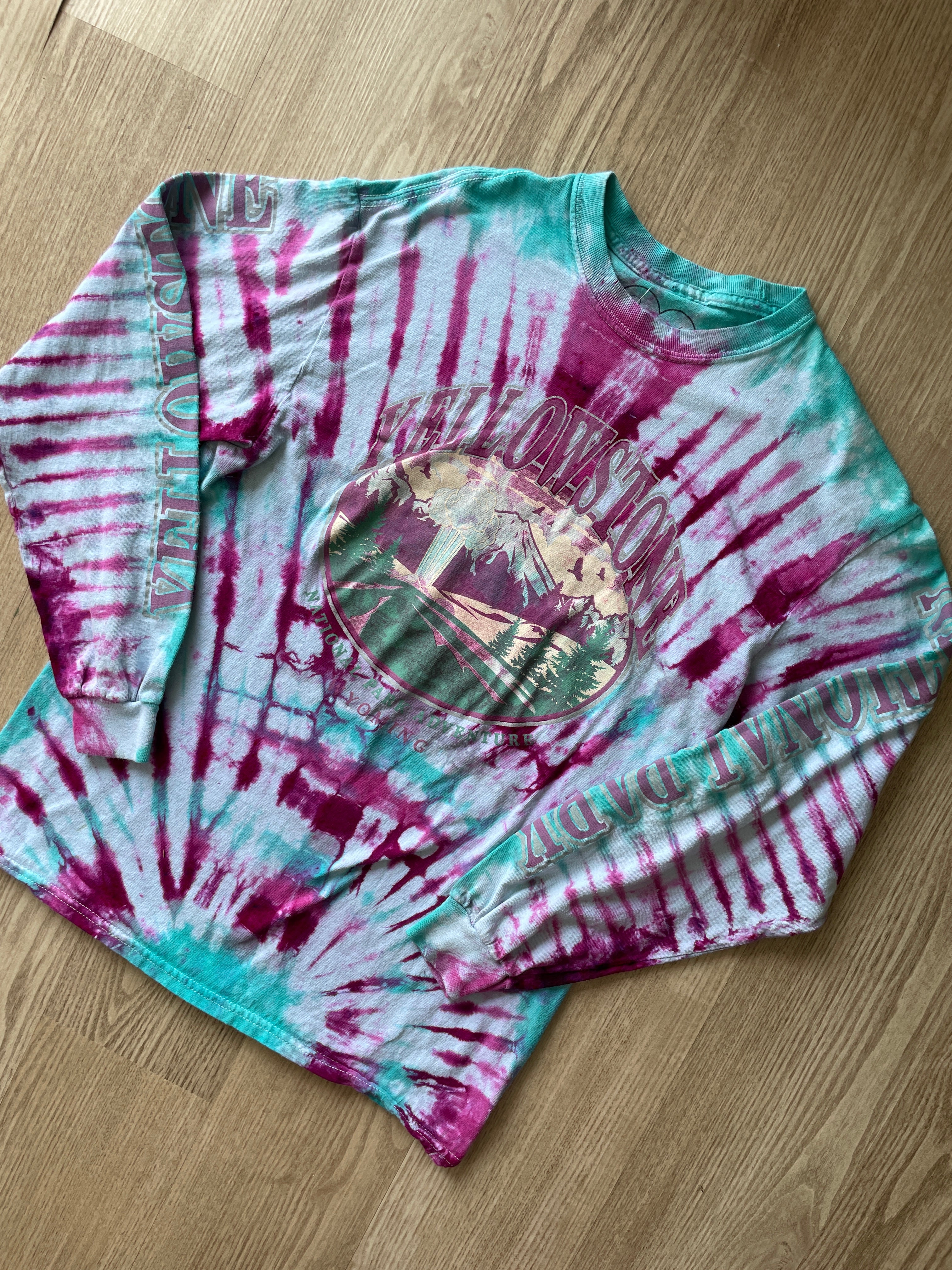 SMALL Men’s Yellowstone National Park Handmade Tie Dye T-Shirt | One-Of-a-Kind Pink and Teal Long Sleeve