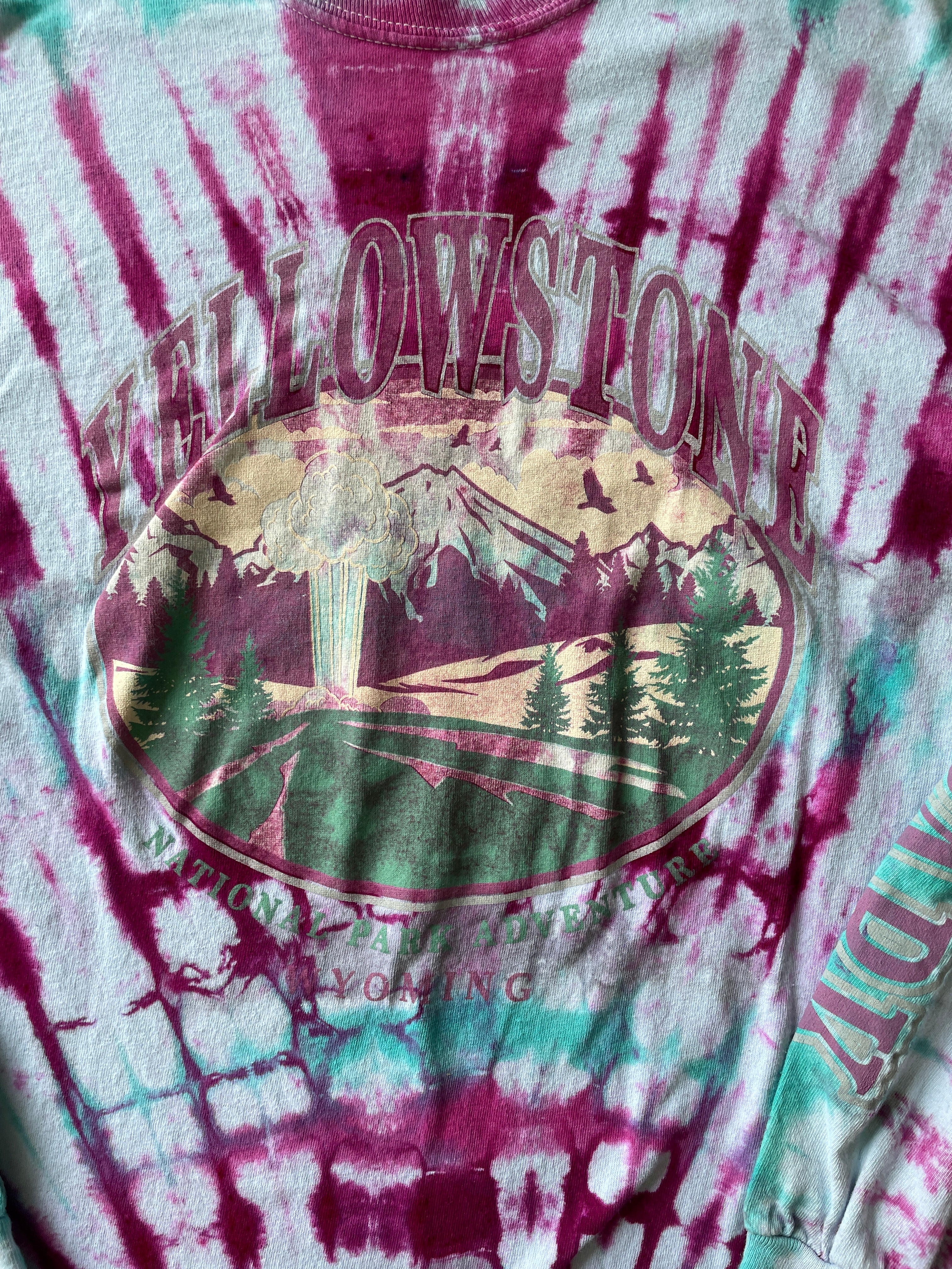 SMALL Men’s Yellowstone National Park Handmade Tie Dye T-Shirt | One-Of-a-Kind Pink and Teal Long Sleeve