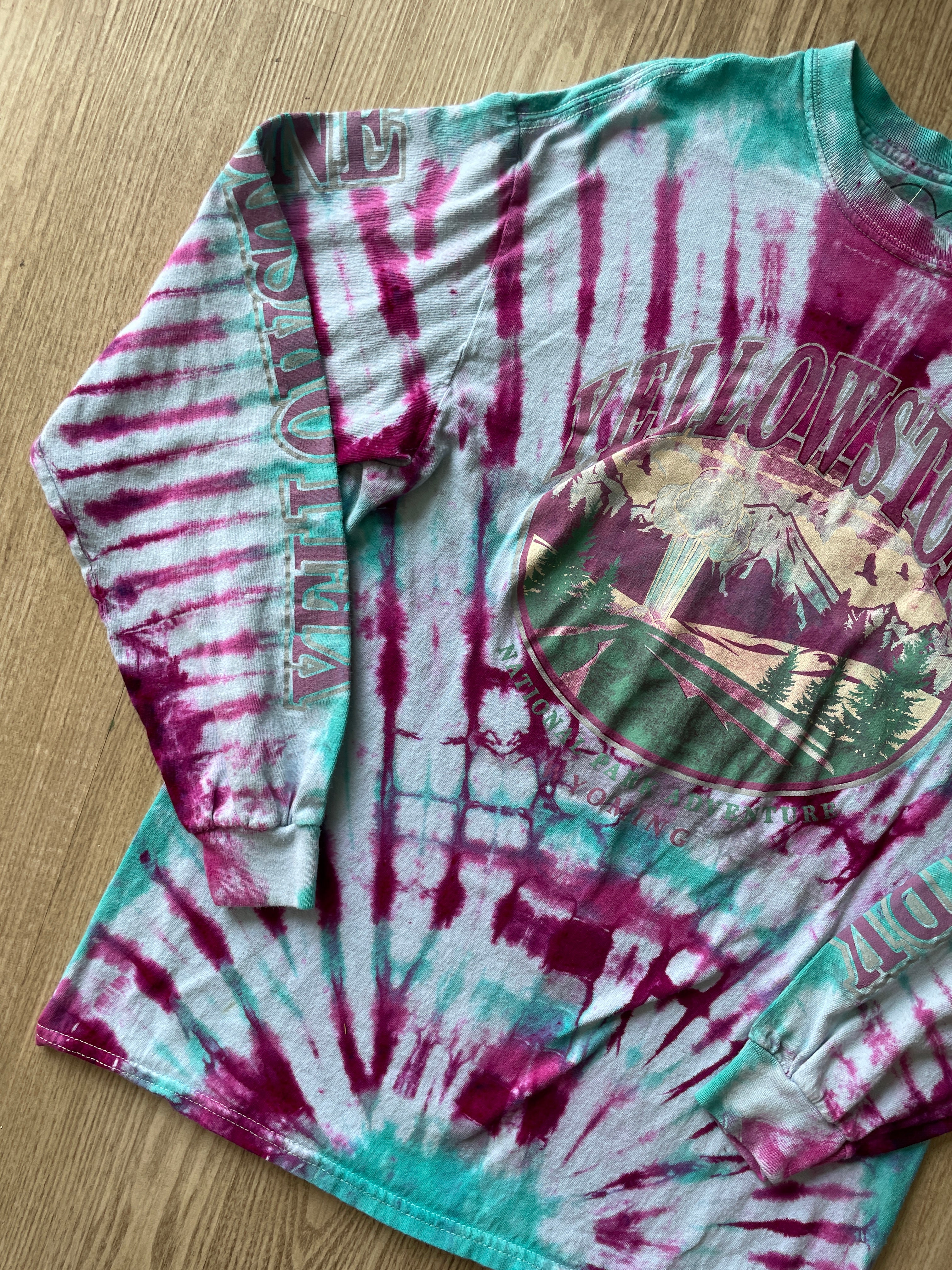 SMALL Men’s Yellowstone National Park Handmade Tie Dye T-Shirt | One-Of-a-Kind Pink and Teal Long Sleeve