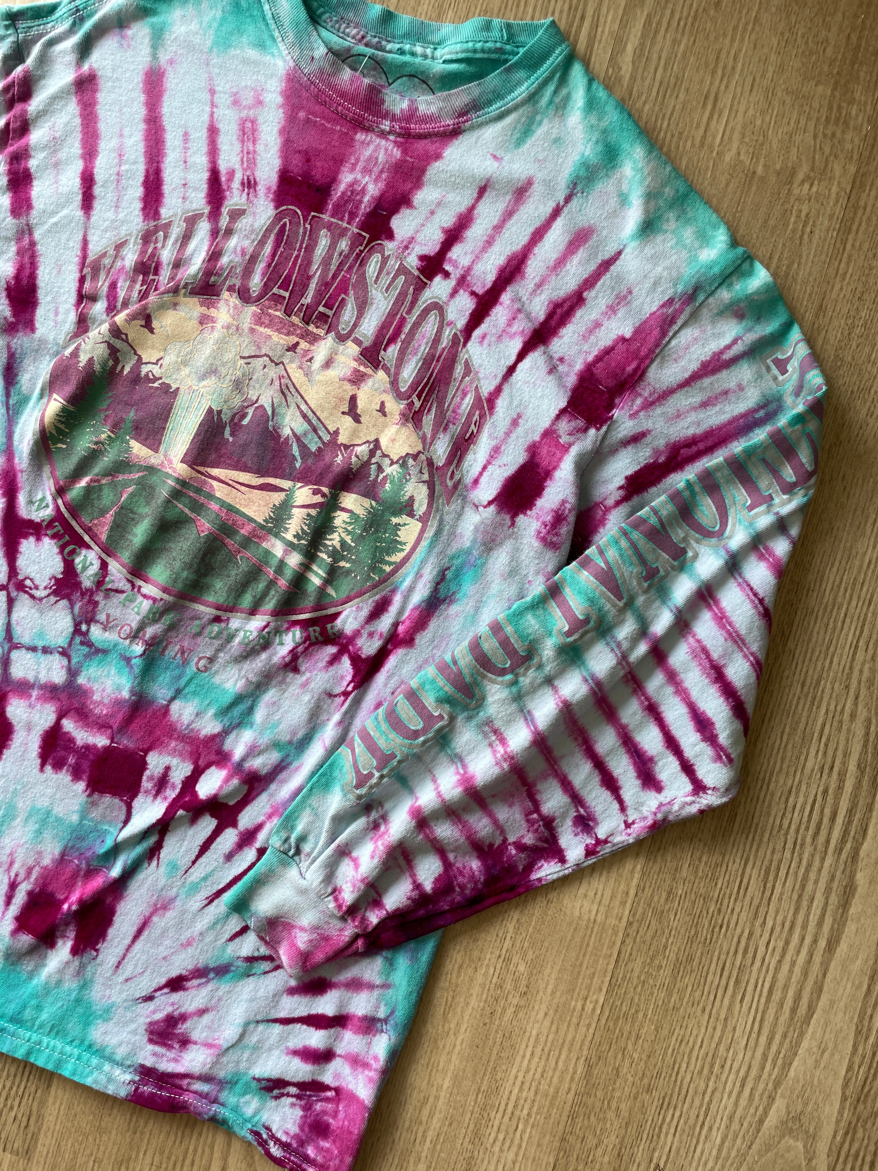 SMALL Men’s Yellowstone National Park Handmade Tie Dye T-Shirt | One-Of-a-Kind Pink and Teal Long Sleeve