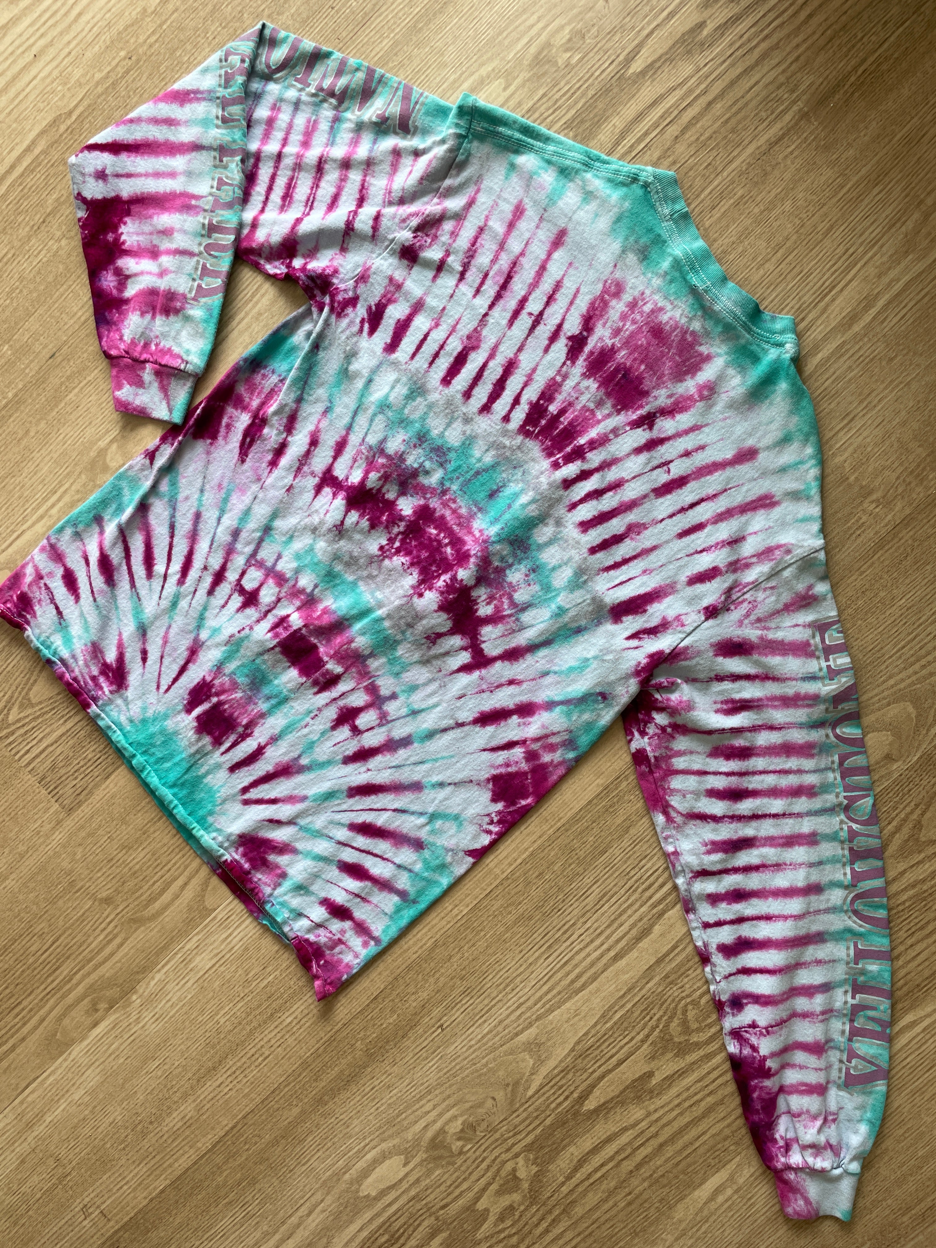 SMALL Men’s Yellowstone National Park Handmade Tie Dye T-Shirt | One-Of-a-Kind Pink and Teal Long Sleeve