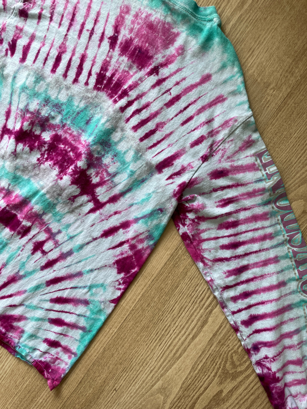 SMALL Men’s Yellowstone National Park Handmade Tie Dye T-Shirt | One-Of-a-Kind Pink and Teal Long Sleeve