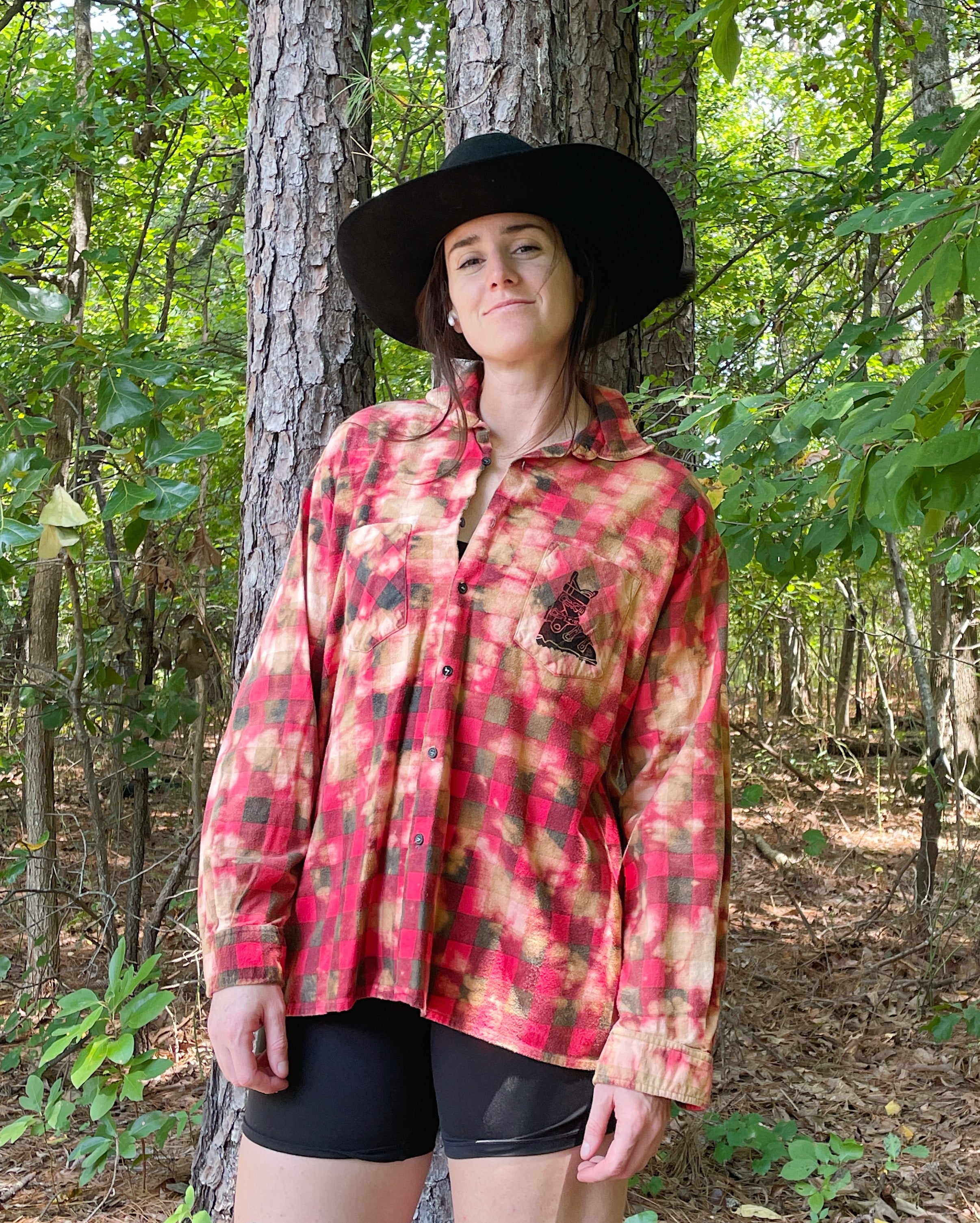 XL Men's Saucatuk Handmade Bleach Dye Buffalo Plaid Flannel Shirt | One-Of-a-Kind Upcycled Long Sleeve with Ski Boot Block Print