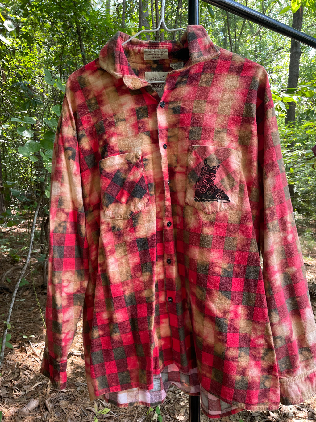 XL Men's Saucatuk Handmade Bleach Dye Buffalo Plaid Flannel Shirt | One-Of-a-Kind Upcycled Long Sleeve with Ski Boot Block Print