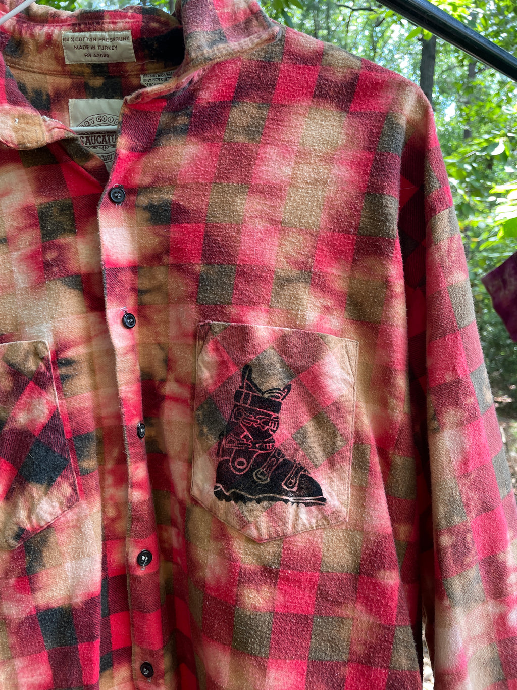 XL Men's Saucatuk Handmade Bleach Dye Buffalo Plaid Flannel Shirt | One-Of-a-Kind Upcycled Long Sleeve with Ski Boot Block Print
