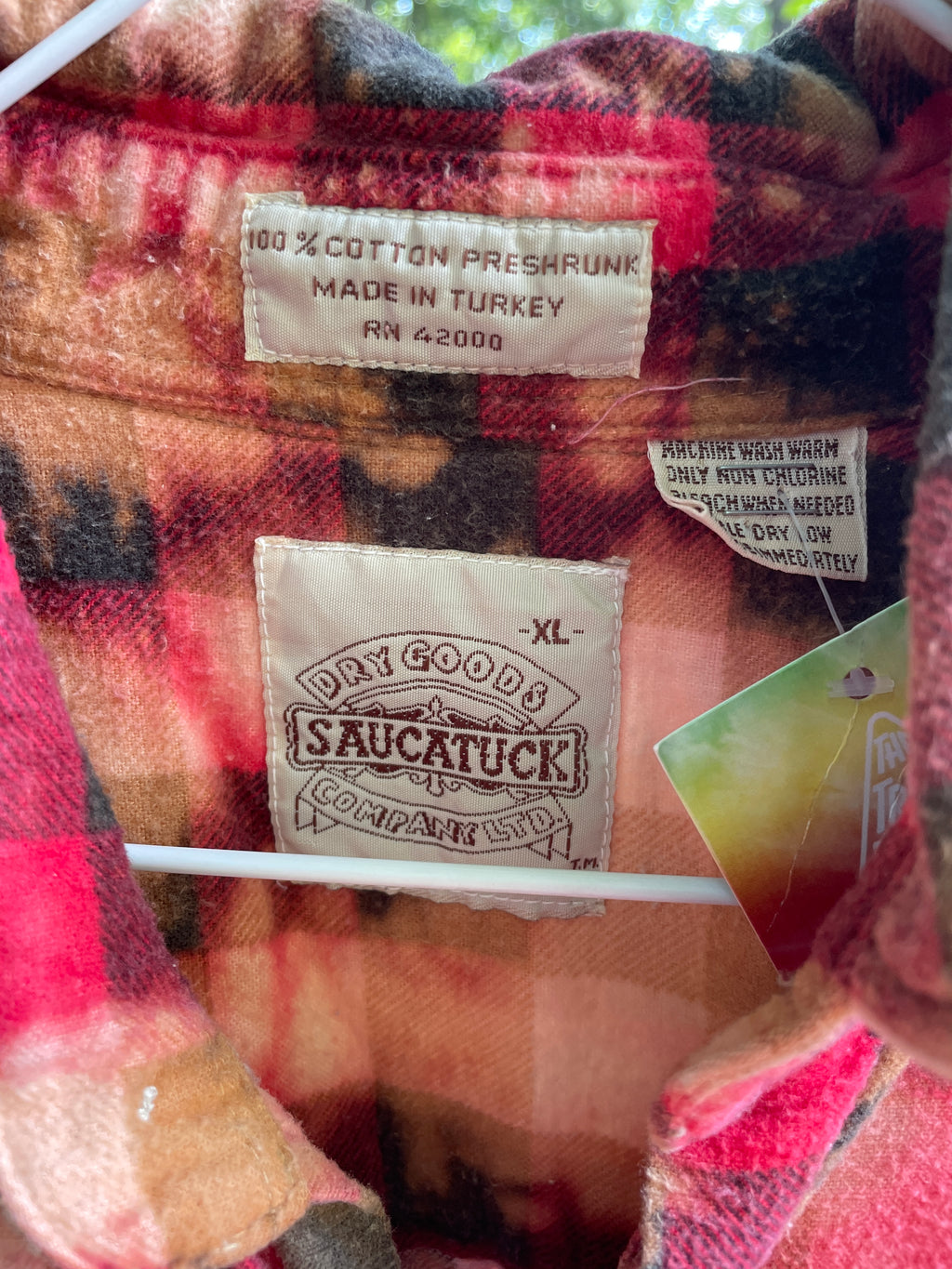 XL Men's Saucatuk Handmade Bleach Dye Buffalo Plaid Flannel Shirt | One-Of-a-Kind Upcycled Long Sleeve with Ski Boot Block Print