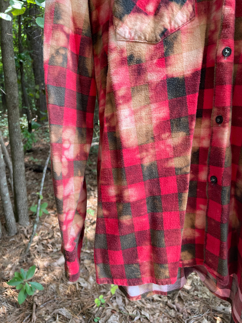 XL Men's Saucatuk Handmade Bleach Dye Buffalo Plaid Flannel Shirt | One-Of-a-Kind Upcycled Long Sleeve with Ski Boot Block Print