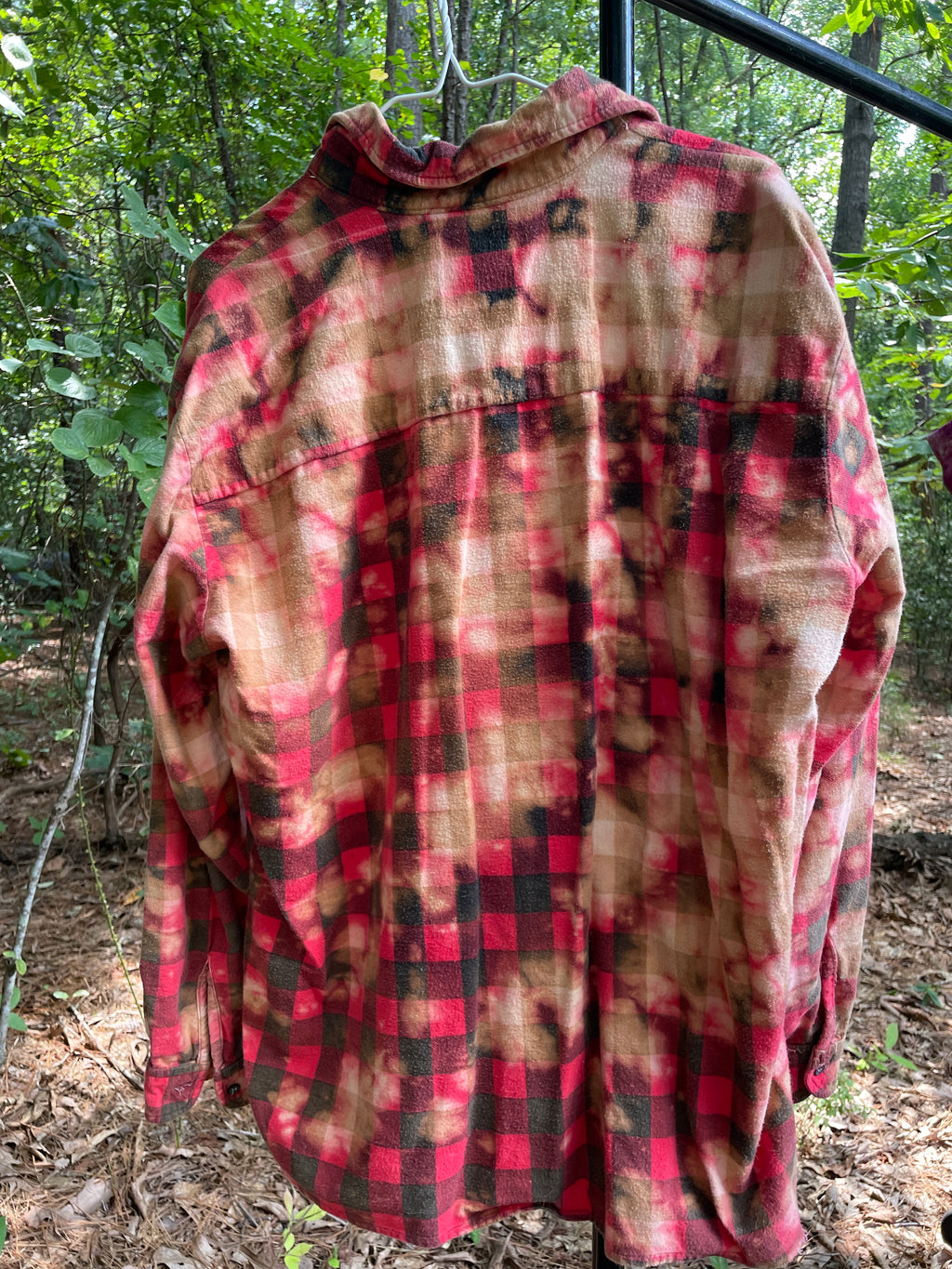 XL Men's Saucatuk Handmade Bleach Dye Buffalo Plaid Flannel Shirt | One-Of-a-Kind Upcycled Long Sleeve with Ski Boot Block Print