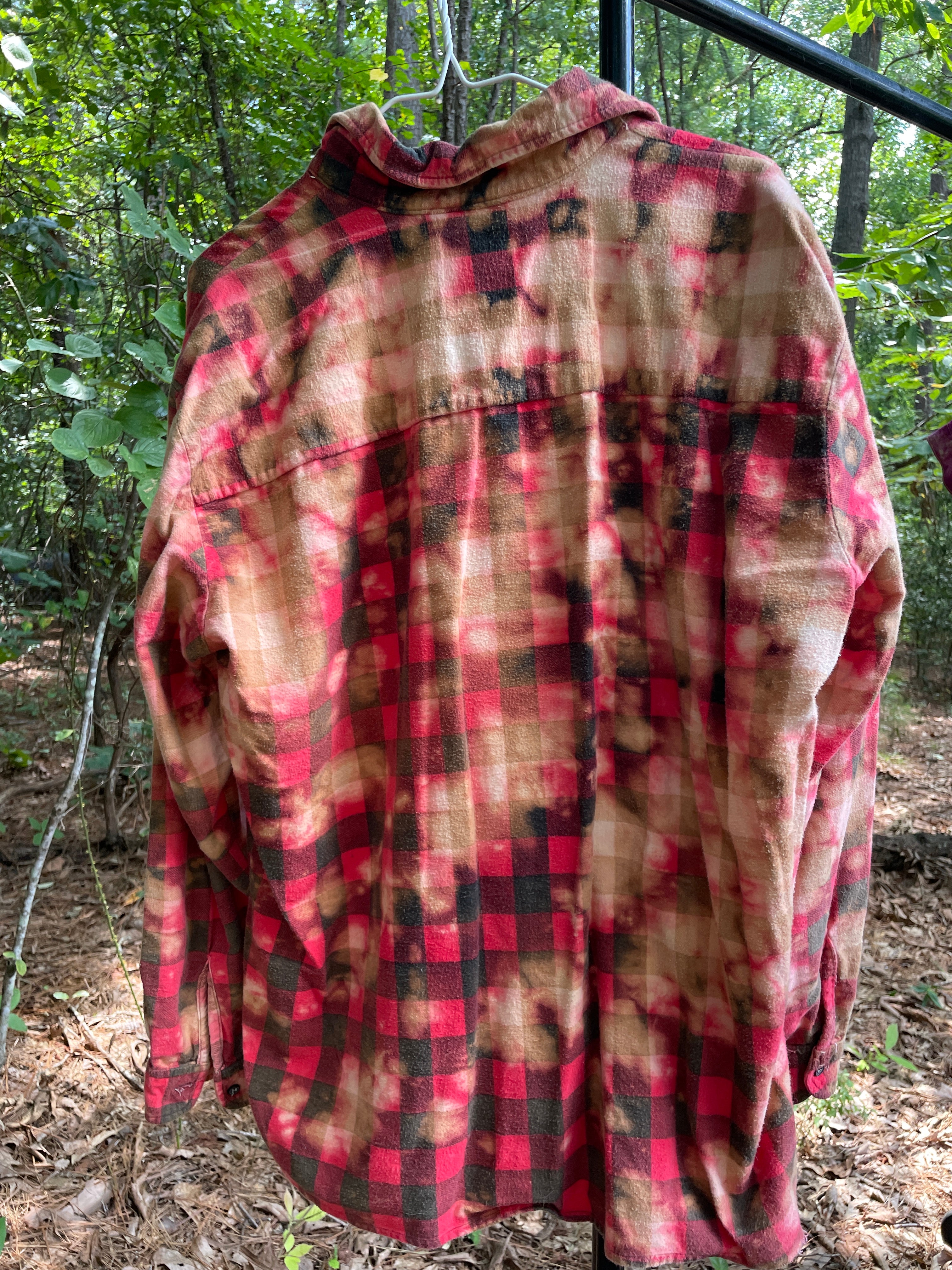 XL Men's Saucatuk Handmade Bleach Dye Buffalo Plaid Flannel Shirt | One-Of-a-Kind Upcycled Long Sleeve with Ski Boot Block Print