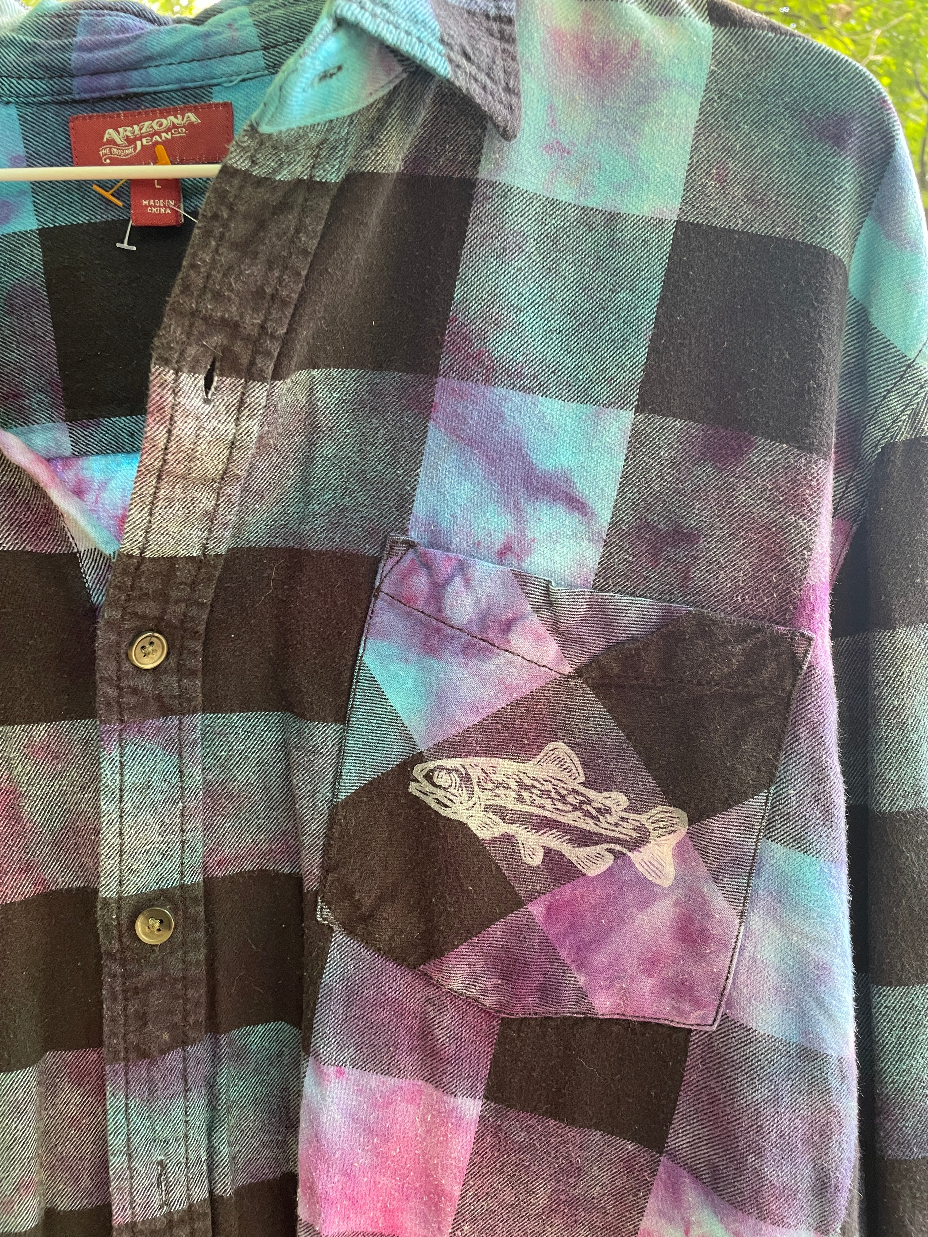 LARGE Women’s Arizona Jeans Grunge Handmade Tie Dye Flannel Shirt | One-Of-a-Kind Upcycled Long Sleeve with Trout Block Print