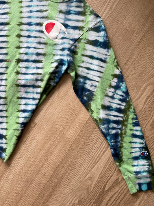 MEDIUM Men’s Champion Handmade Tie Dye T-Shirt | One-Of-a-Kind Green and Blue Long Sleeve