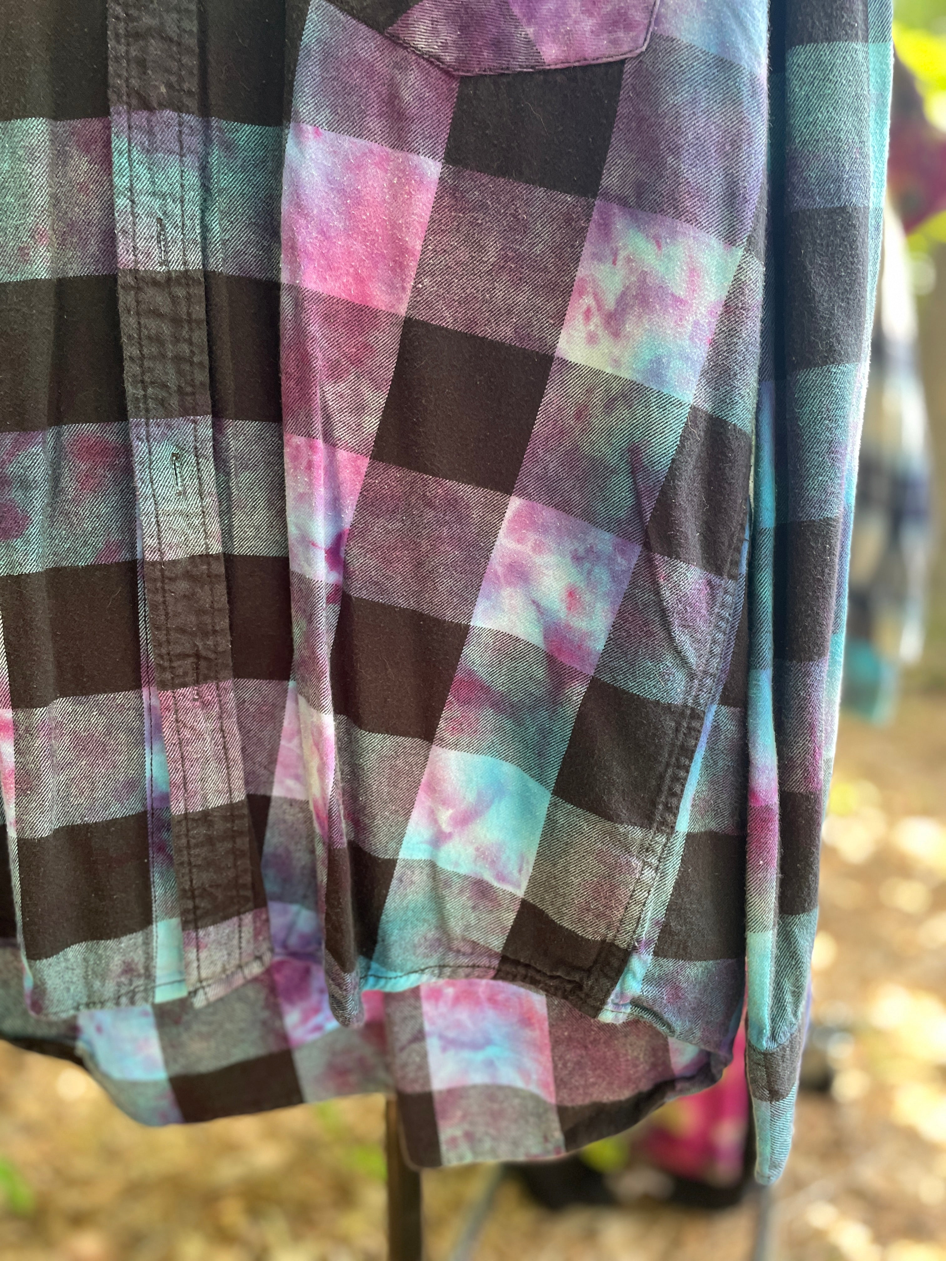 LARGE Women’s Arizona Jeans Grunge Handmade Tie Dye Flannel Shirt | One-Of-a-Kind Upcycled Long Sleeve with Trout Block Print