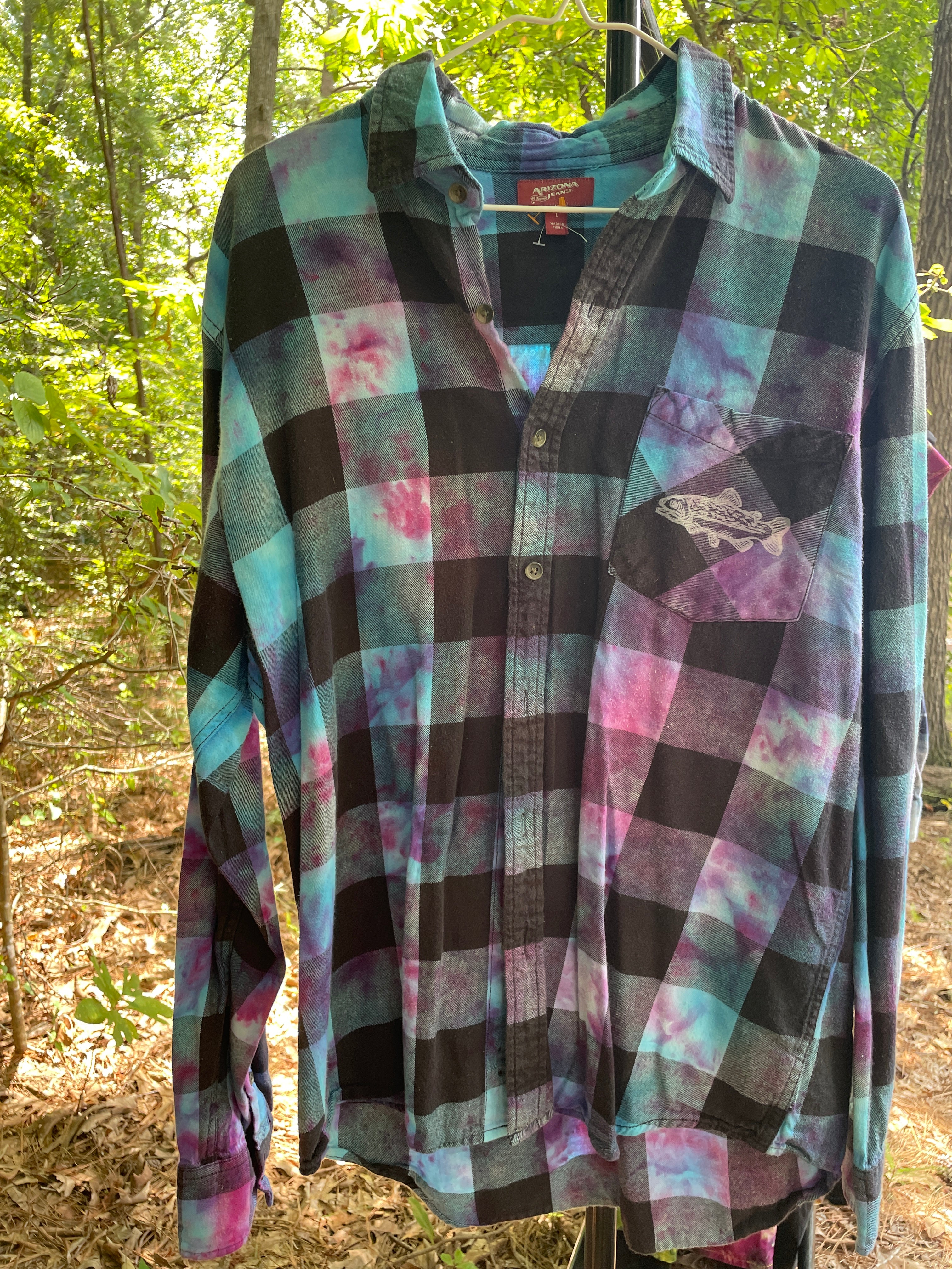 LARGE Women’s Arizona Jeans Grunge Handmade Tie Dye Flannel Shirt | One-Of-a-Kind Upcycled Long Sleeve with Trout Block Print