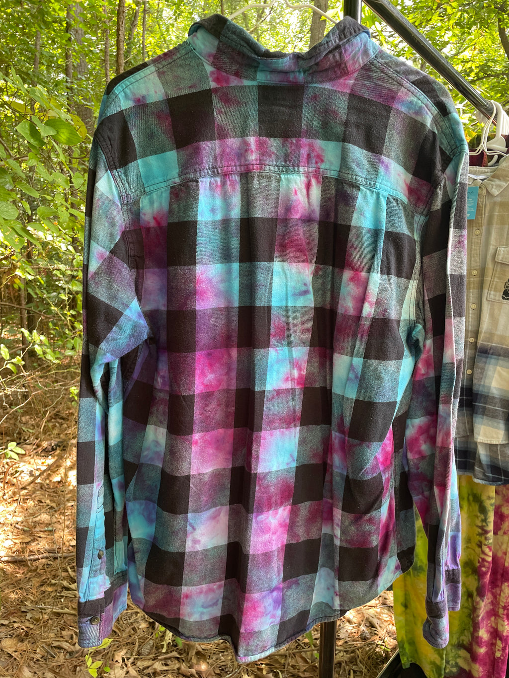 LARGE Women’s Arizona Jeans Grunge Handmade Tie Dye Flannel Shirt | One-Of-a-Kind Upcycled Long Sleeve with Trout Block Print
