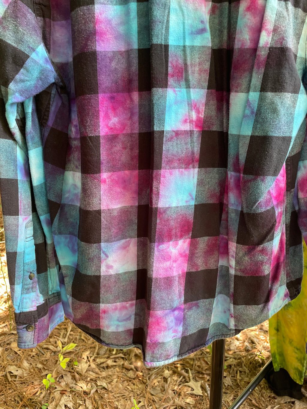 LARGE Women’s Arizona Jeans Grunge Handmade Tie Dye Flannel Shirt | One-Of-a-Kind Upcycled Long Sleeve with Trout Block Print