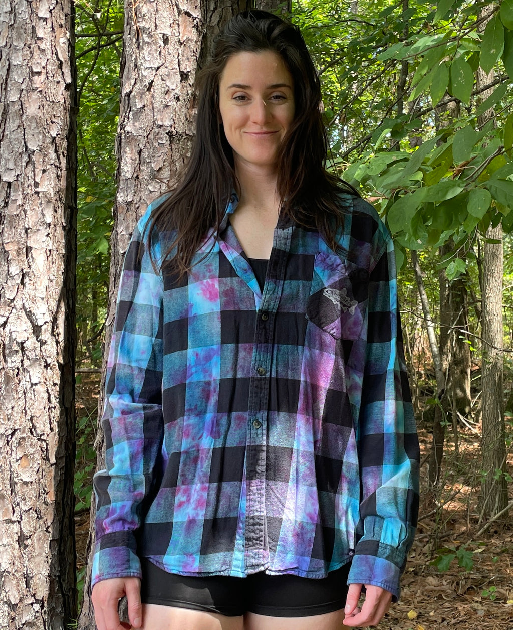 LARGE Women’s Arizona Jeans Grunge Handmade Tie Dye Flannel Shirt | One-Of-a-Kind Upcycled Long Sleeve with Trout Block Print