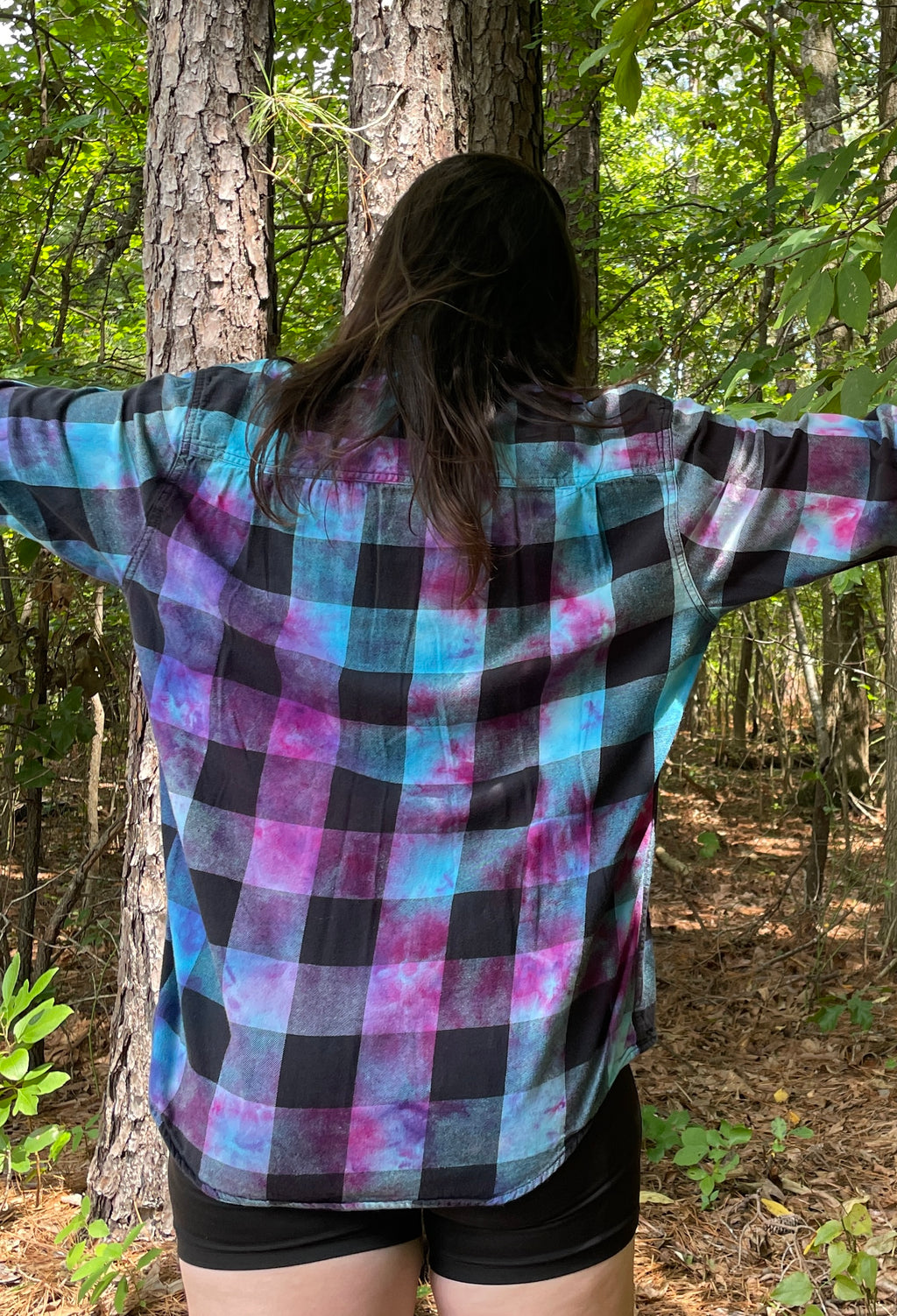 LARGE Women’s Arizona Jeans Grunge Handmade Tie Dye Flannel Shirt | One-Of-a-Kind Upcycled Long Sleeve with Trout Block Print