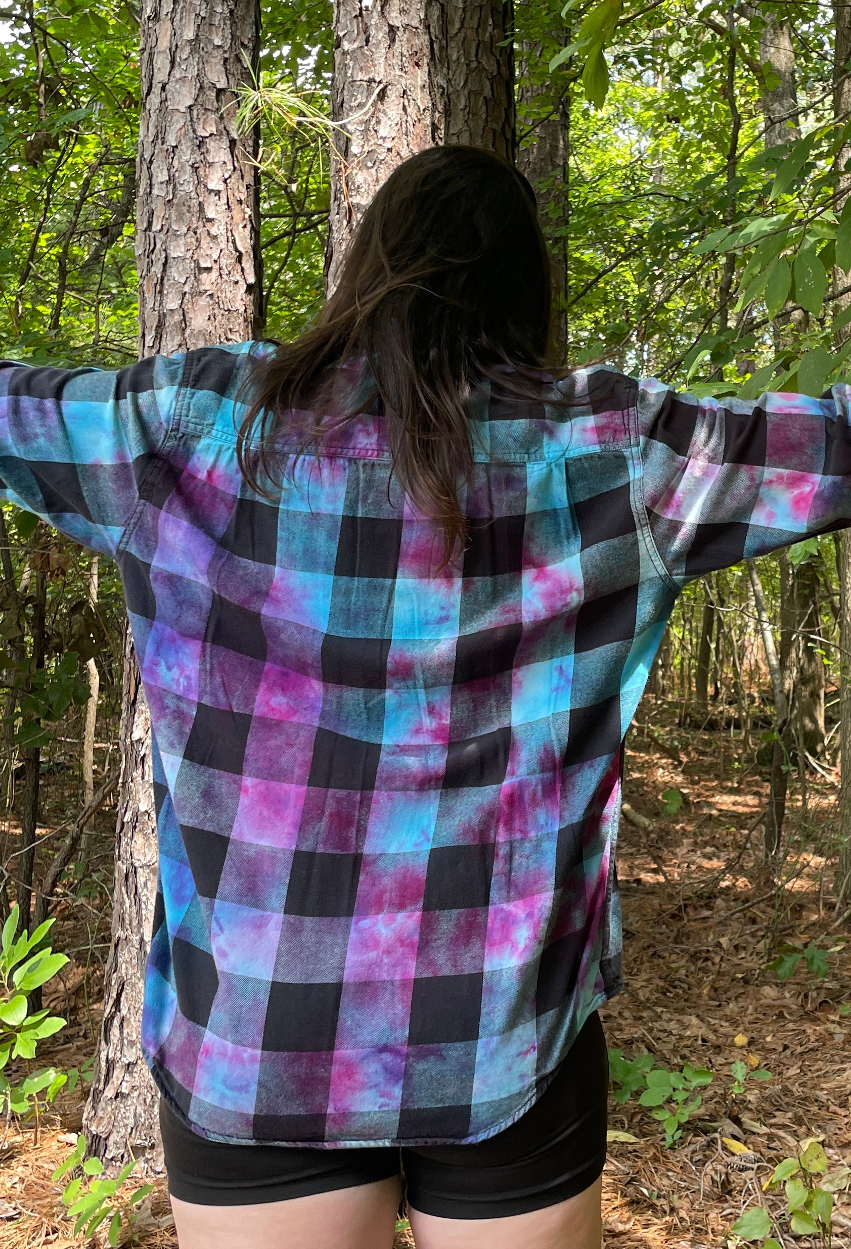 LARGE Women’s Arizona Jeans Grunge Handmade Tie Dye Flannel Shirt | One-Of-a-Kind Upcycled Long Sleeve with Trout Block Print