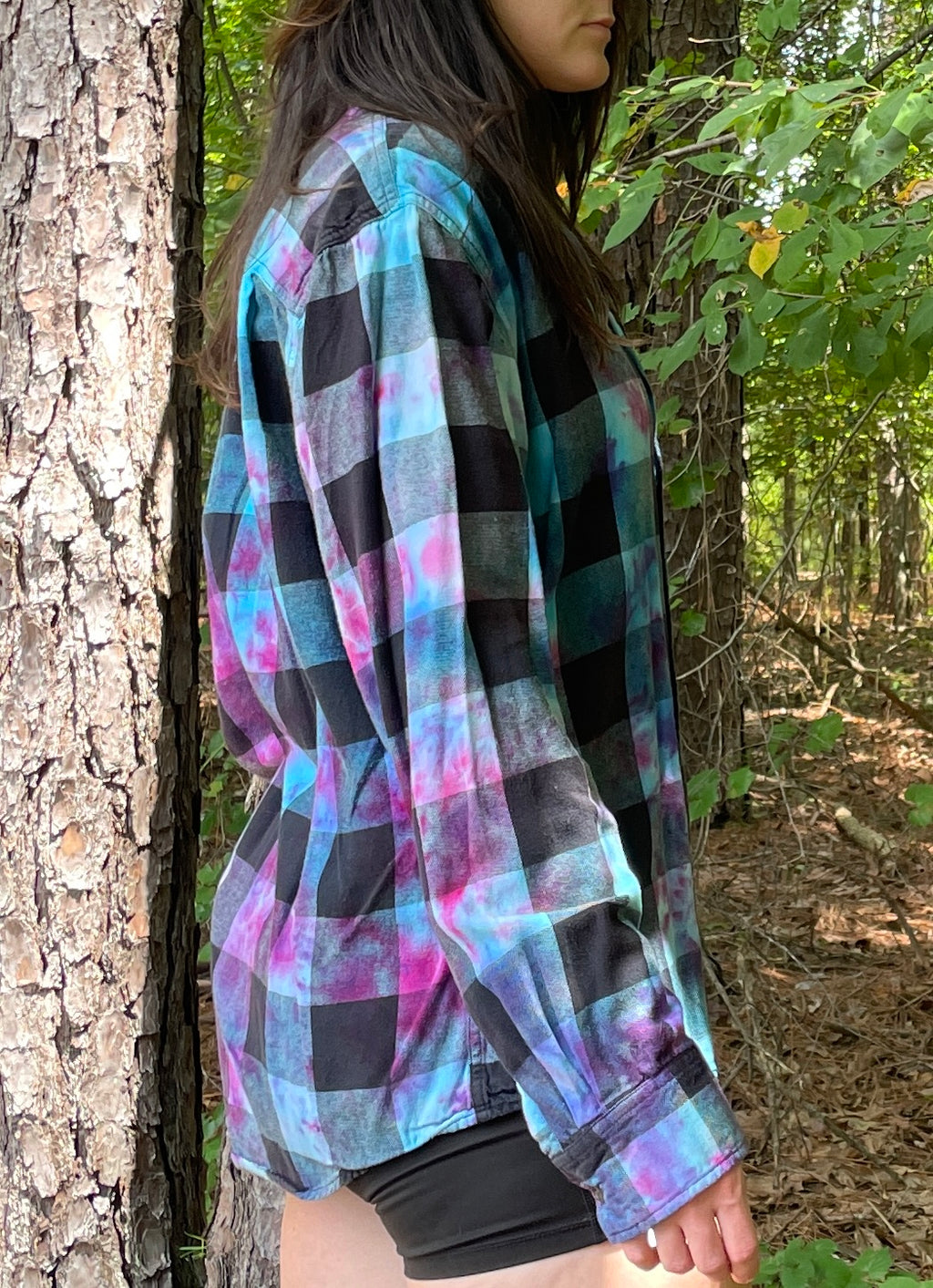 LARGE Women’s Arizona Jeans Grunge Handmade Tie Dye Flannel Shirt | One-Of-a-Kind Upcycled Long Sleeve with Trout Block Print