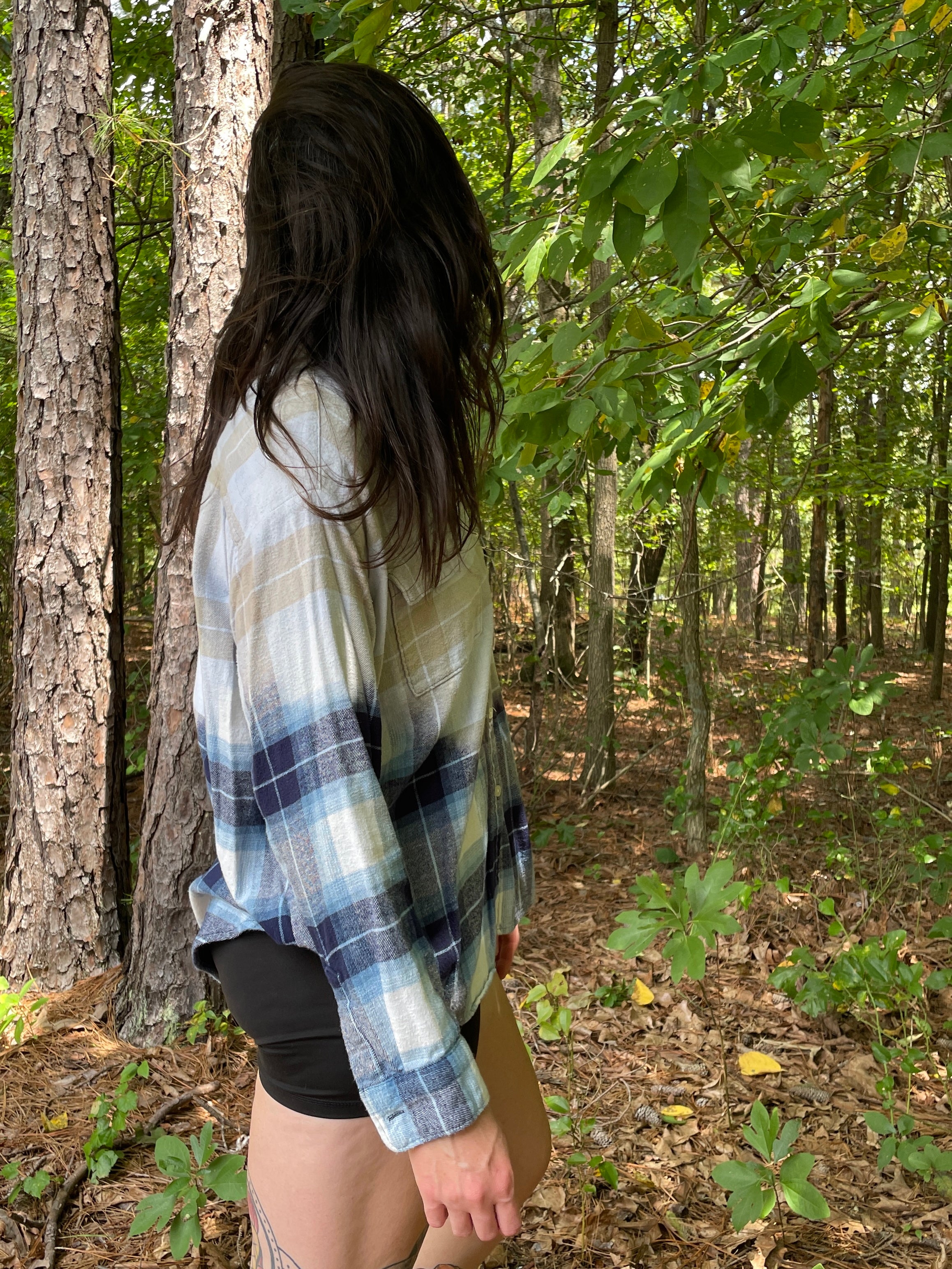 LARGE Women’s Old Navy Handmade Dip Dyed Flannel Shirt | One-Of-a-Kind Upcycled Long Sleeve with Ski Boot Block Print