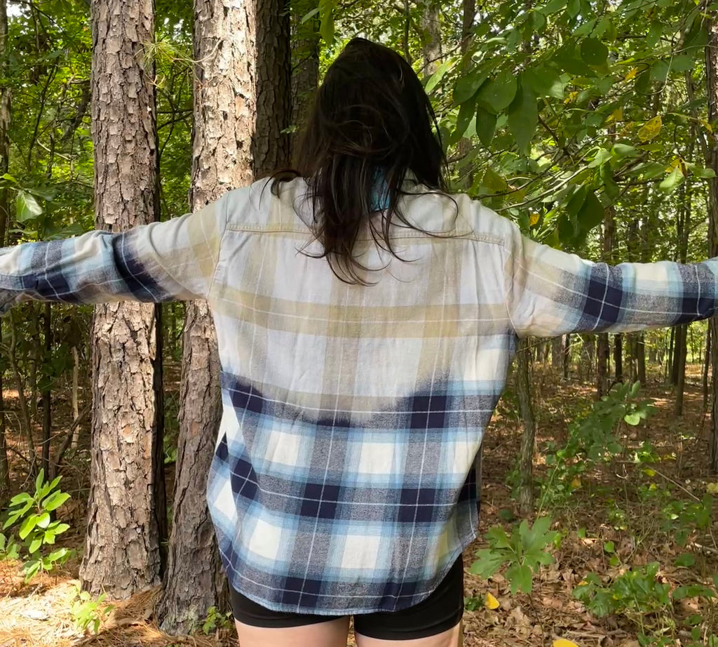 LARGE Women’s Old Navy Handmade Dip Dyed Flannel Shirt | One-Of-a-Kind Upcycled Long Sleeve with Ski Boot Block Print