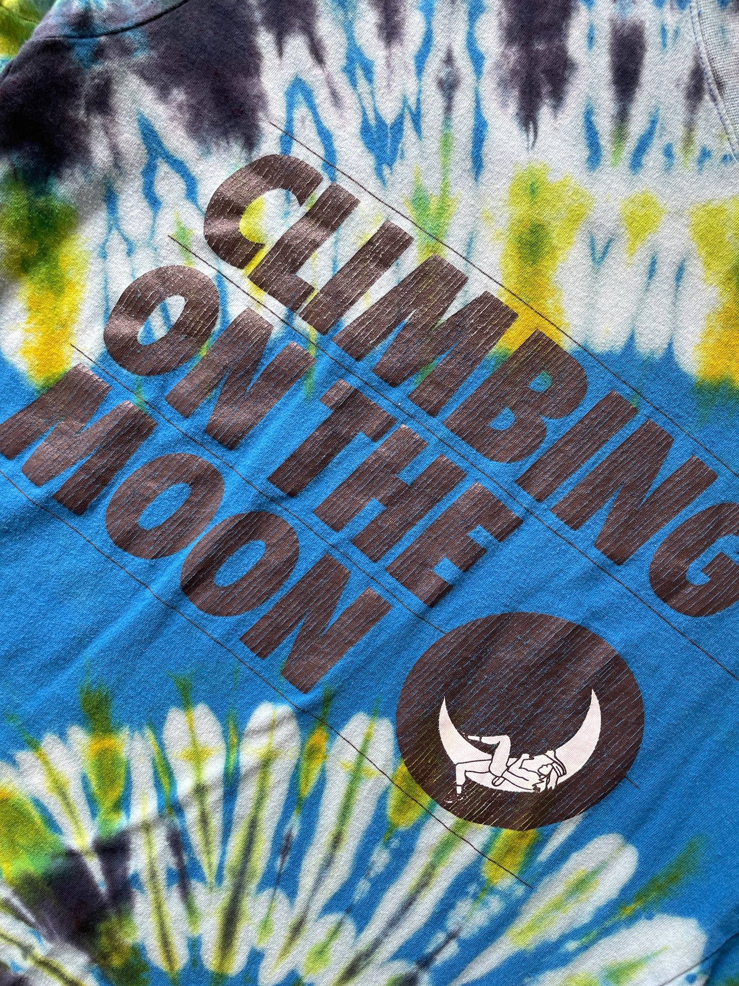 M/L Men’s La Sportiva Climbing On the Moon Handmade Tie Dye V-Neck T-Shirt | One-Of-a-Kind Blue and Green Short Sleeve
