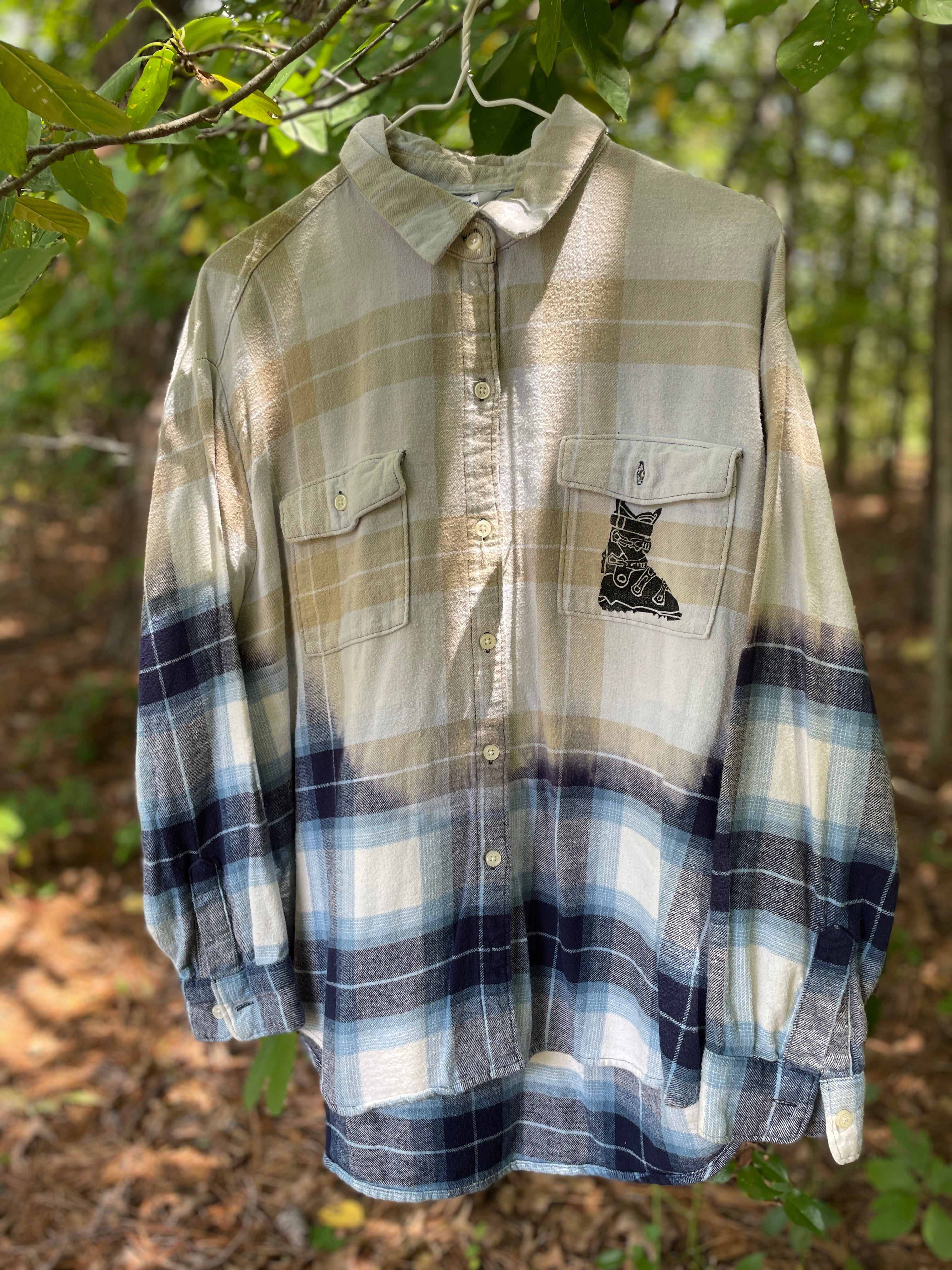 LARGE Women’s Old Navy Handmade Dip Dyed Flannel Shirt | One-Of-a-Kind Upcycled Long Sleeve with Ski Boot Block Print