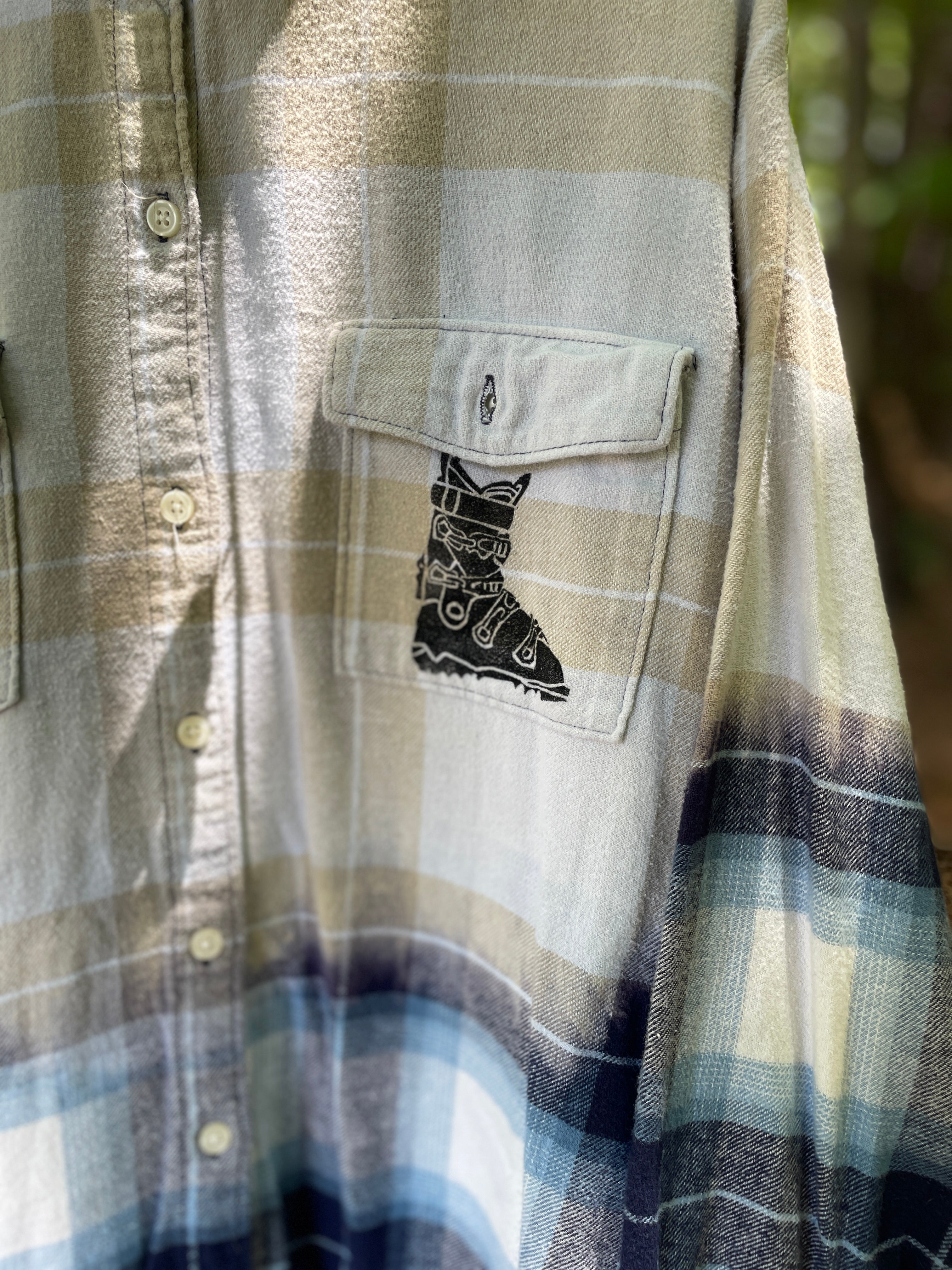 LARGE Women’s Old Navy Handmade Dip Dyed Flannel Shirt | One-Of-a-Kind Upcycled Long Sleeve with Ski Boot Block Print